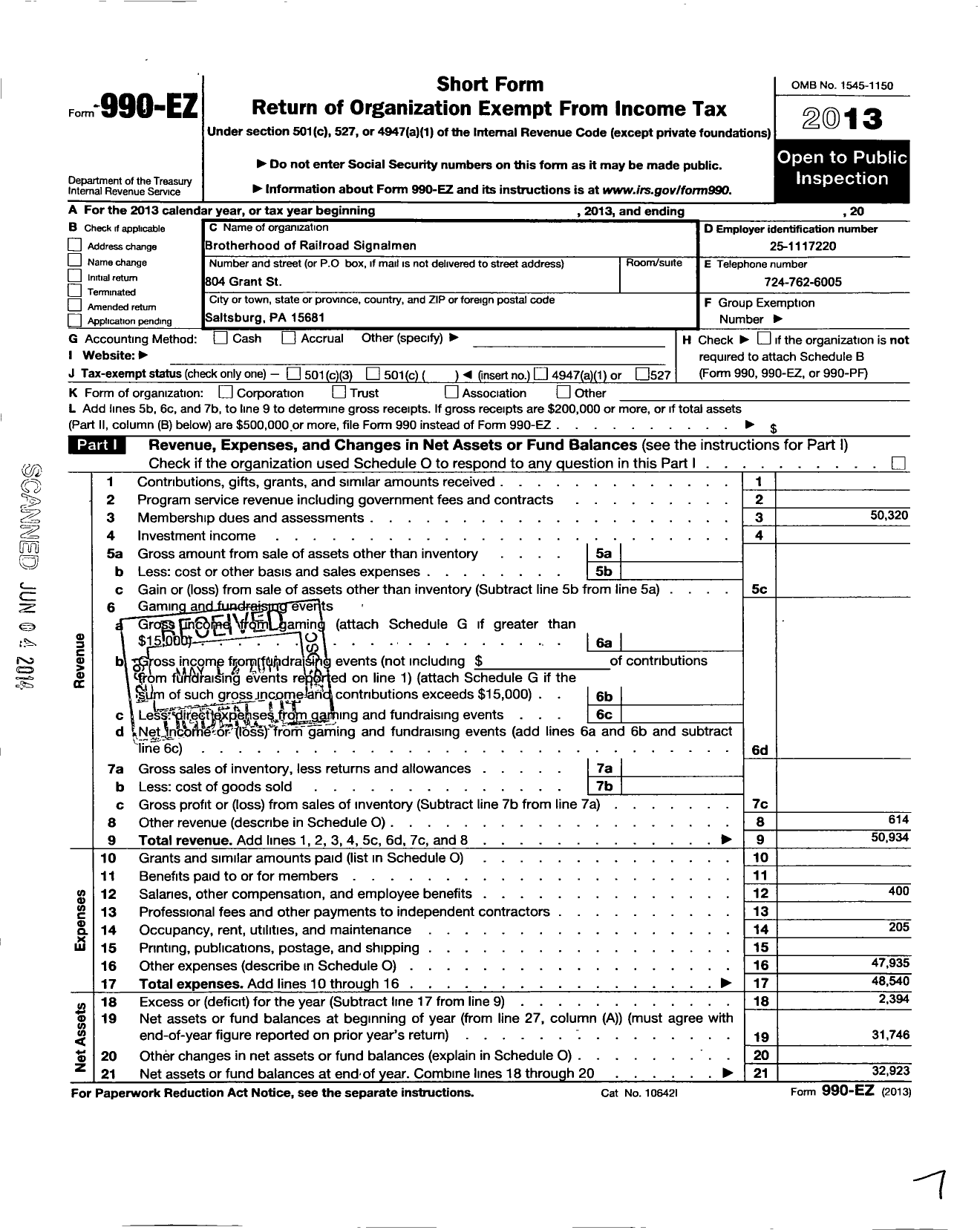 Image of first page of 2013 Form 990EO for Brotherhood of Railroad Signalmen - 40 Blairsville Local