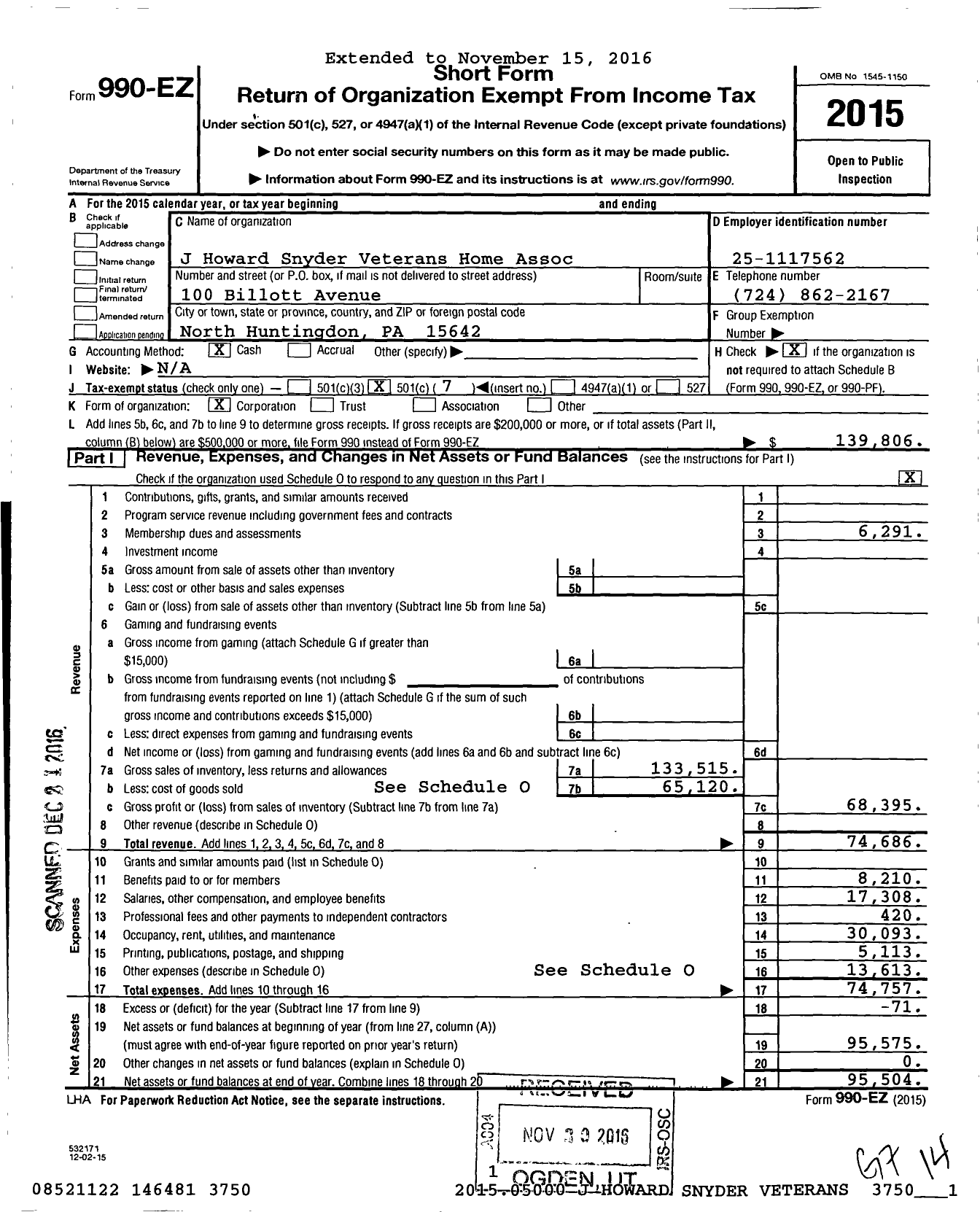 Image of first page of 2015 Form 990EO for Veterans of Foreign Wars of the United States Auxiliary Dept of PA / 781 J Howard Snyder Auxiliary