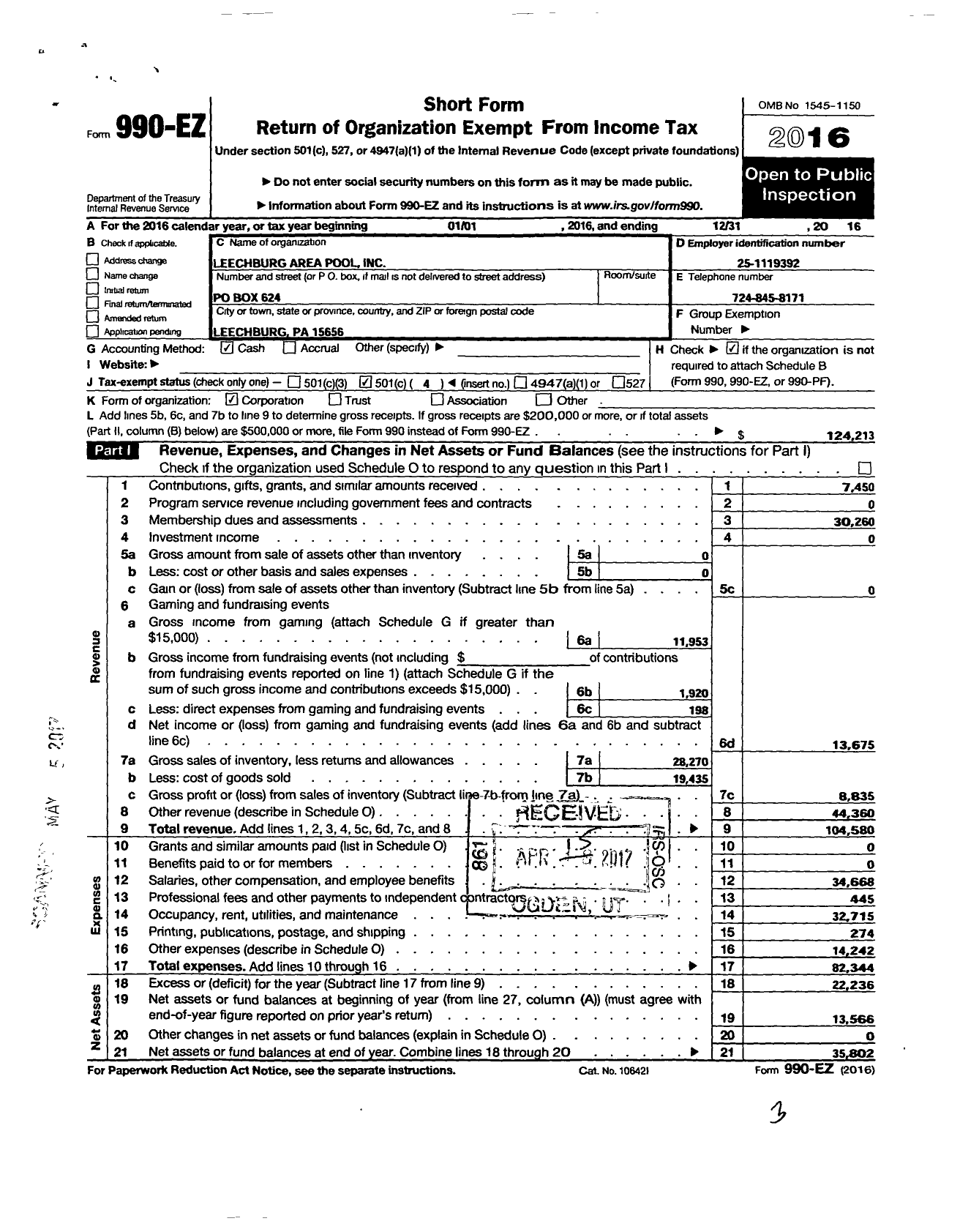 Image of first page of 2016 Form 990EO for Leechburg Area Pool