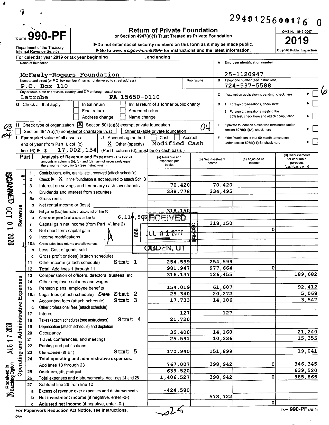 Image of first page of 2019 Form 990PR for Mcfeely-Rogers Foundation