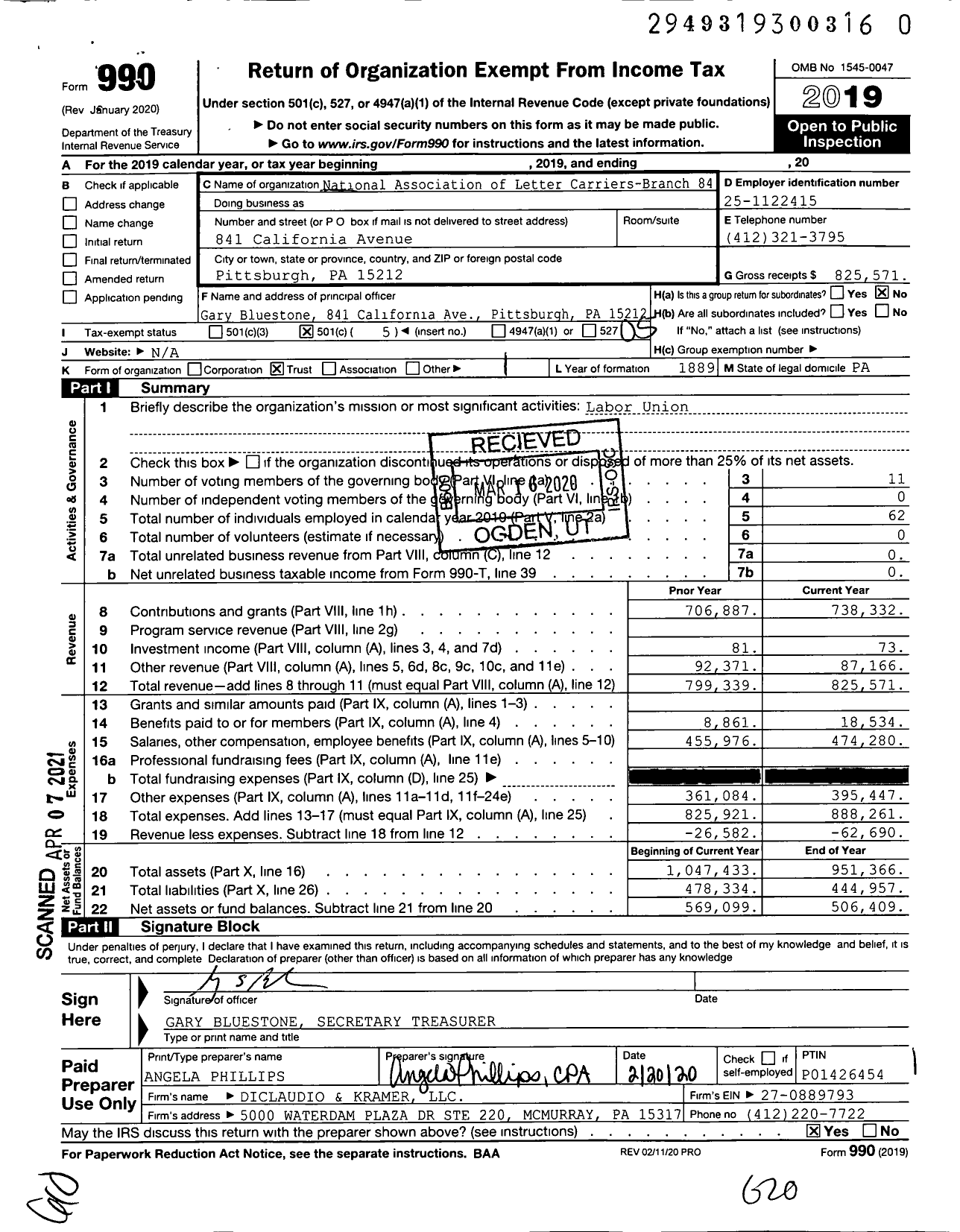 Image of first page of 2019 Form 990O for National Association of Letter Carriers - 84 Pittsburgh Pennsylvania