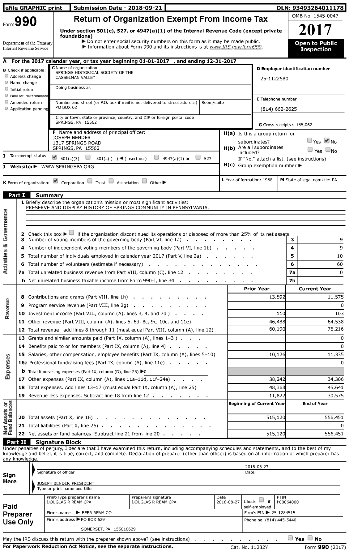 Image of first page of 2017 Form 990 for Springs Historical Society of the Casselman Valley