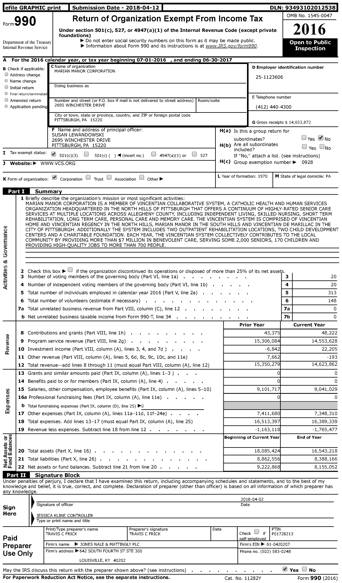 Image of first page of 2016 Form 990 for Marian Manor Corporation