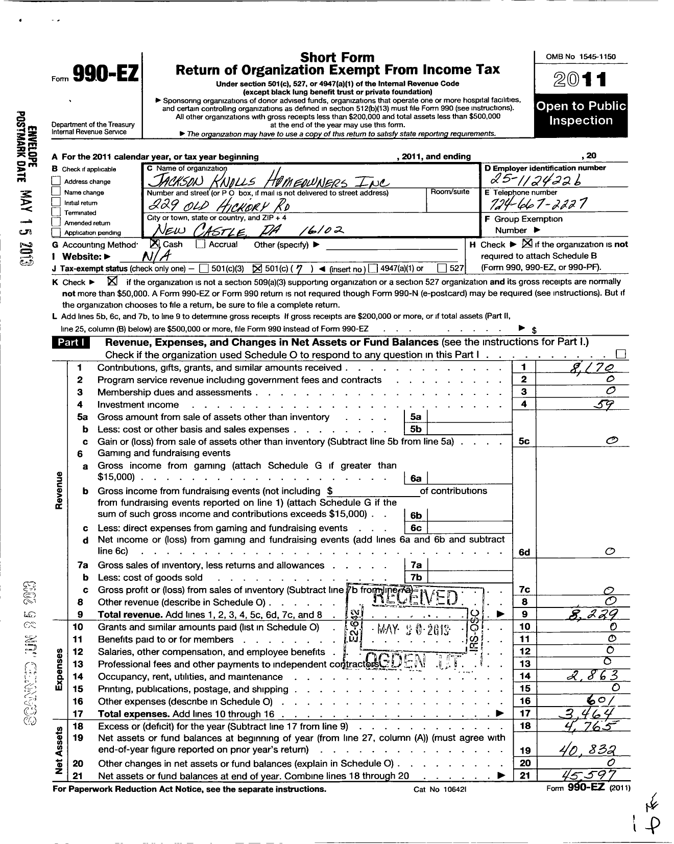 Image of first page of 2011 Form 990EO for Jackson Knolls Home Owners