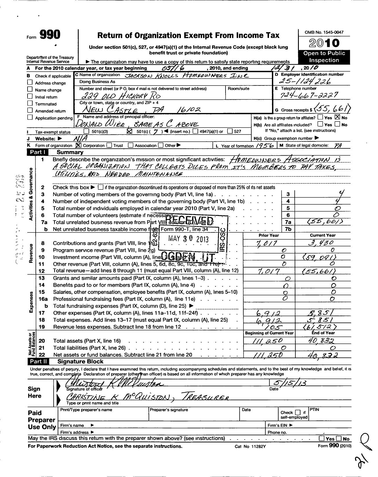 Image of first page of 2010 Form 990O for Jackson Knolls Home Owners