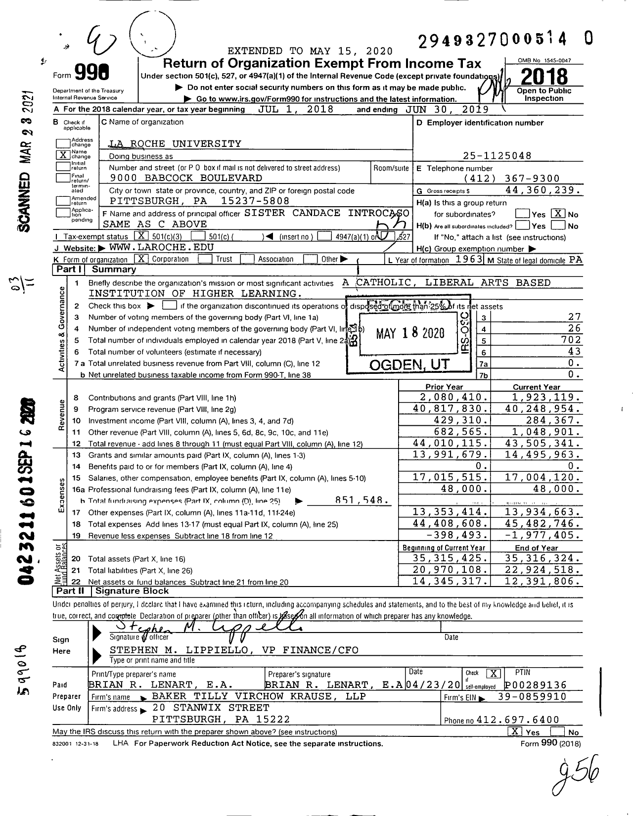Image of first page of 2018 Form 990 for La Roche University