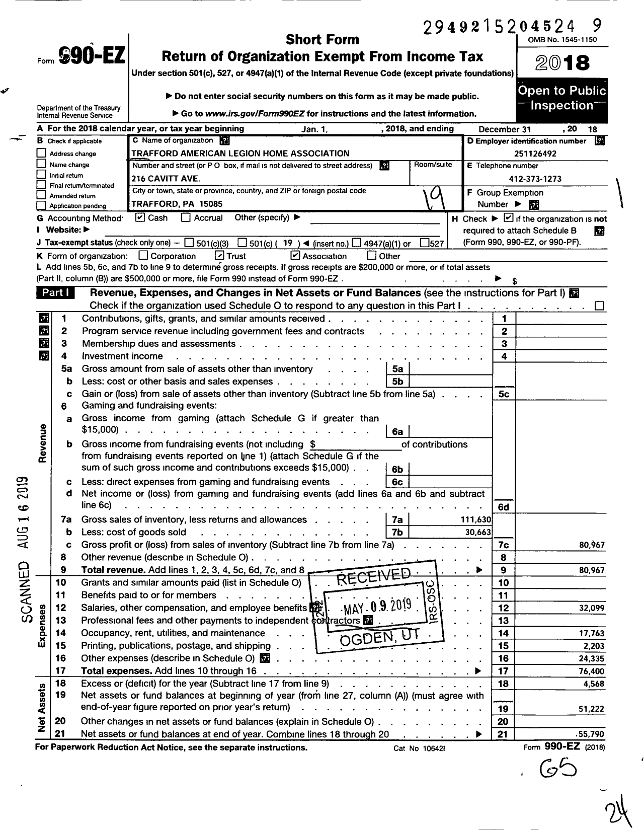 Image of first page of 2018 Form 990EO for American Legion - 0331 Trafford Post PA