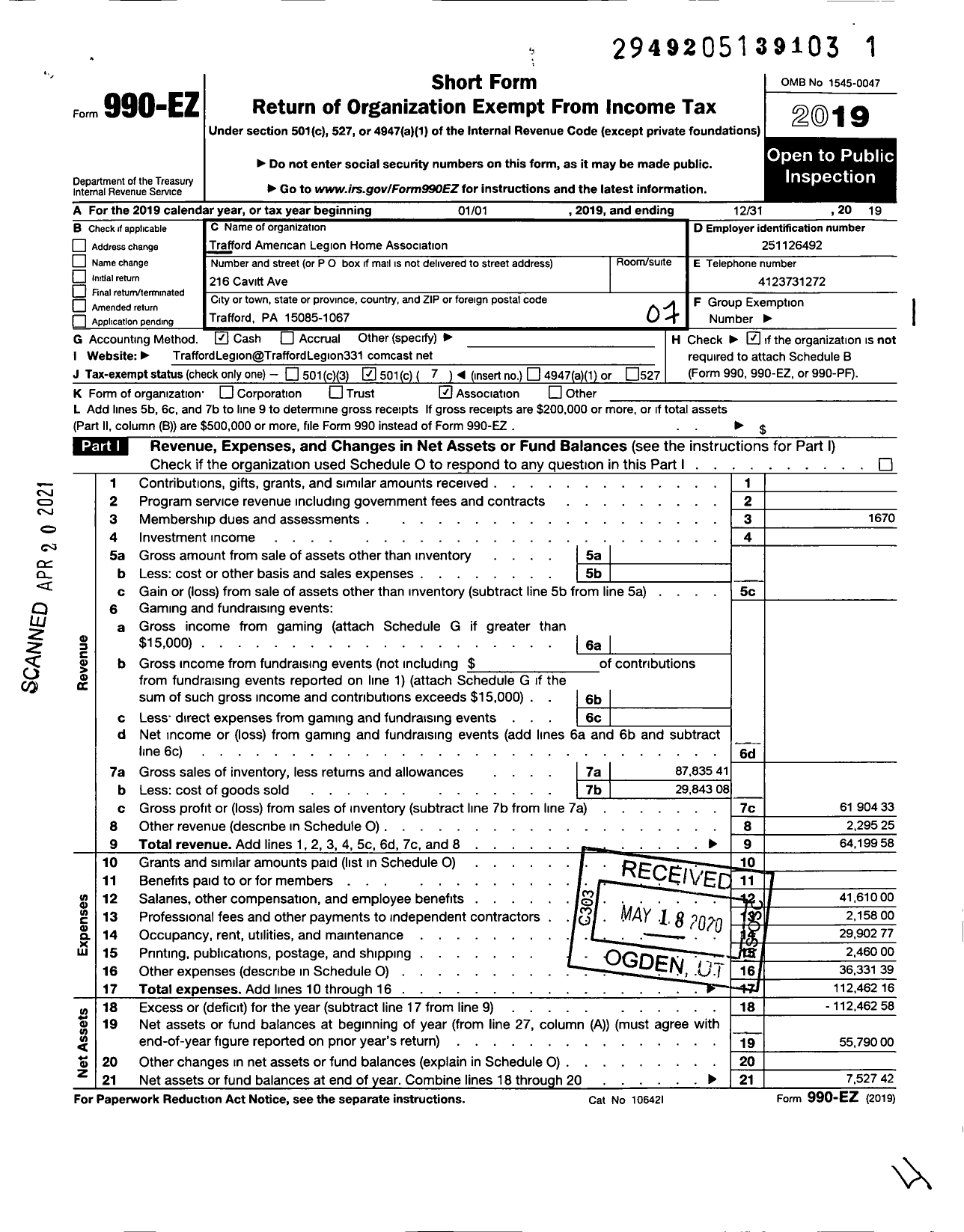 Image of first page of 2019 Form 990EO for American Legion - 0331 Trafford Post PA