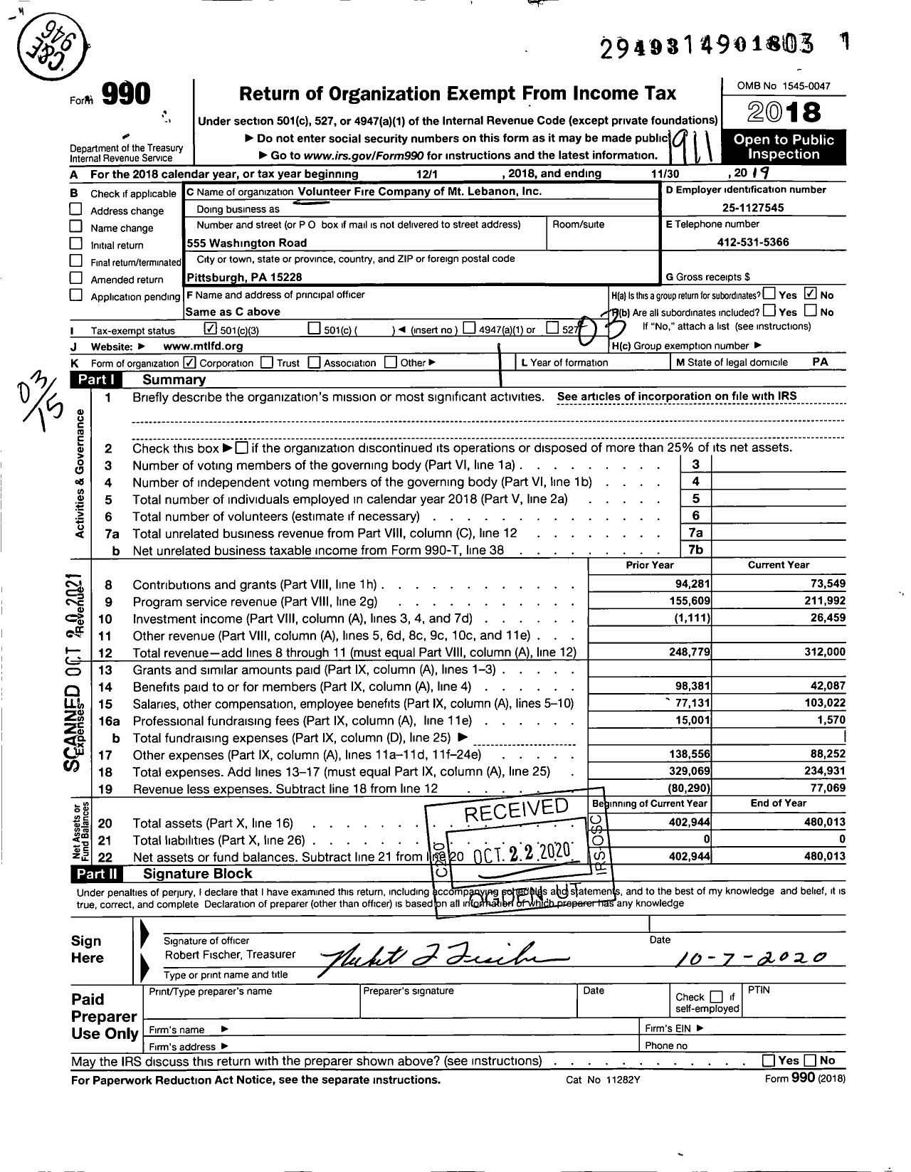 Image of first page of 2018 Form 990 for Volunteer Fire Company of MT Lebanon