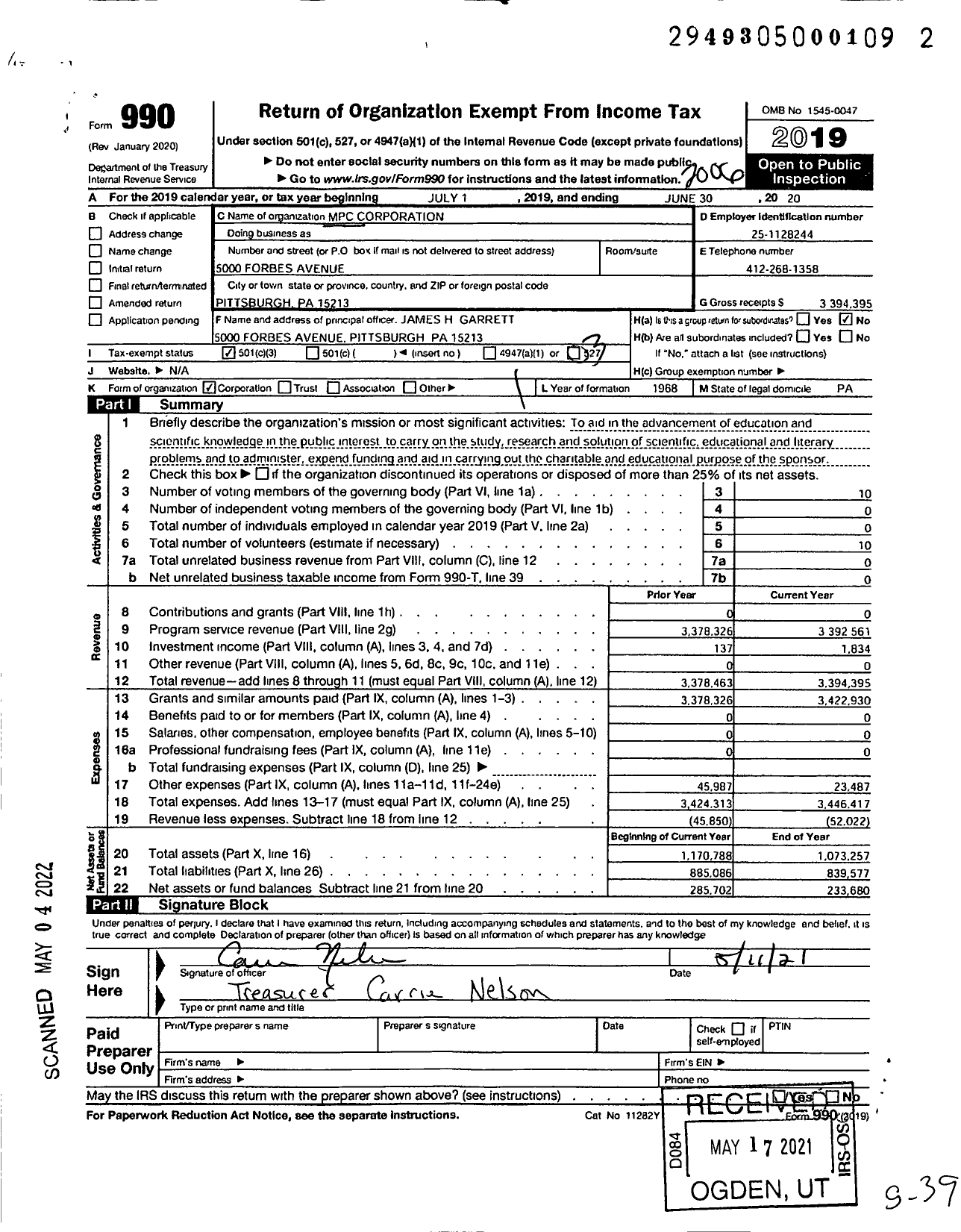 Image of first page of 2019 Form 990 for MPC Corporation