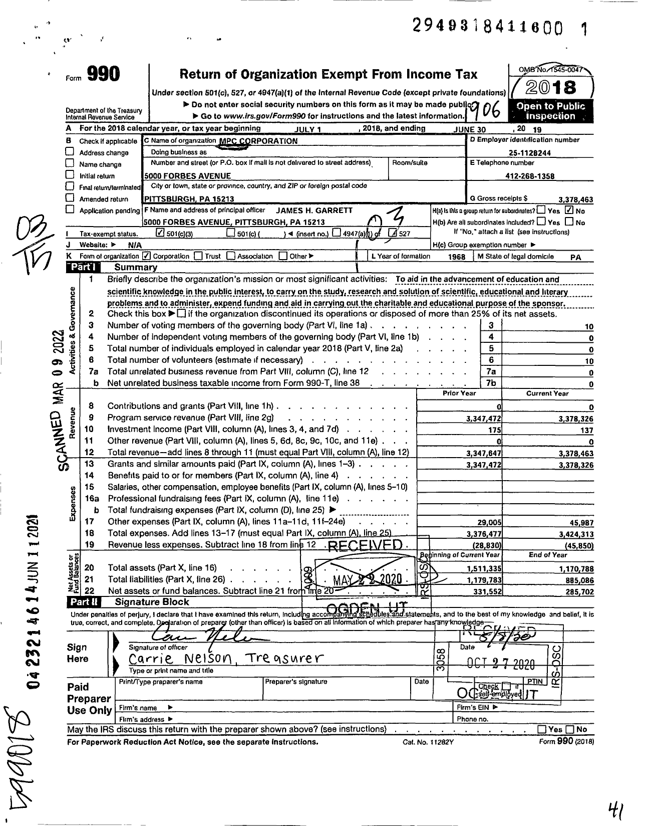 Image of first page of 2018 Form 990 for MPC Corporation