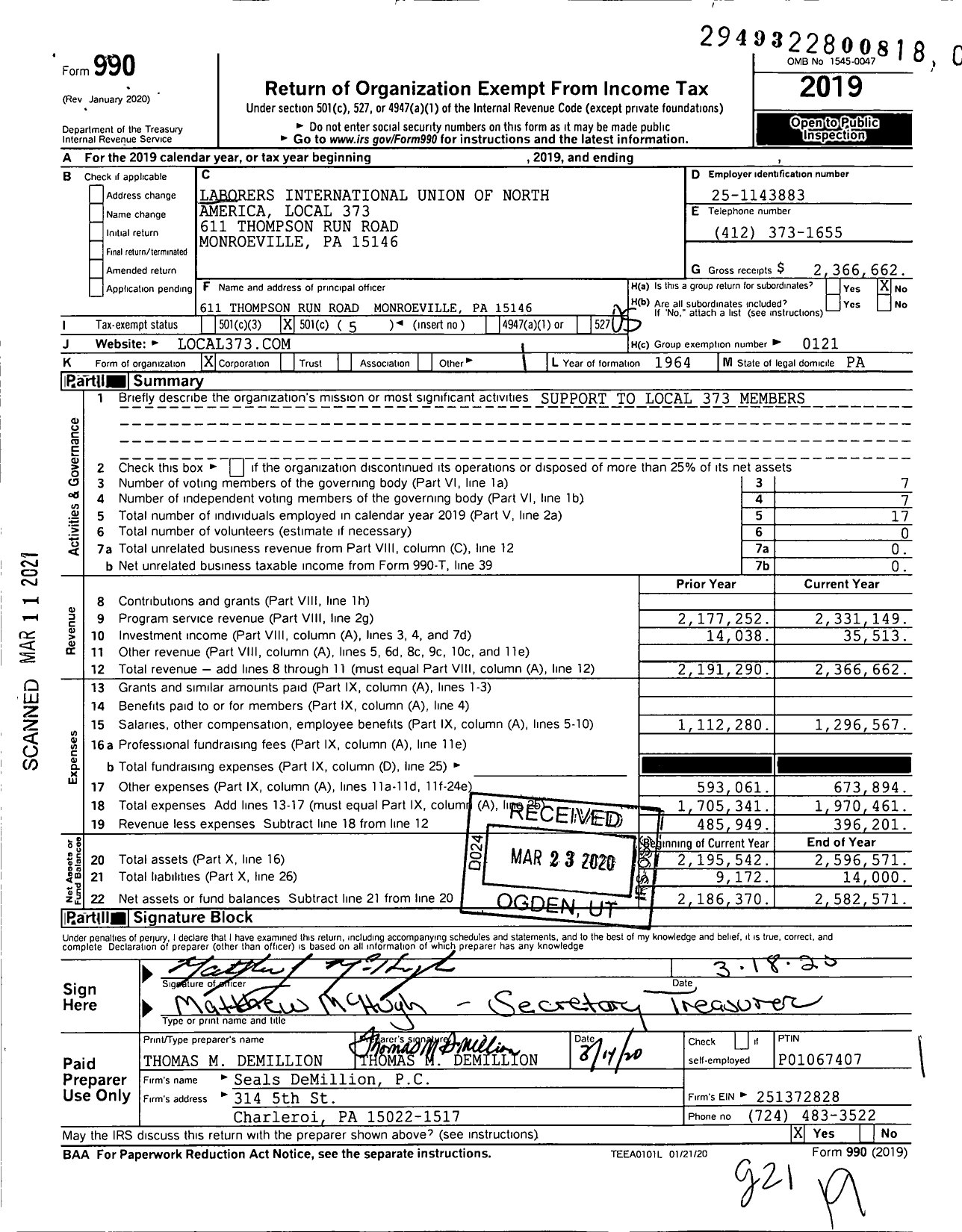 Image of first page of 2019 Form 990O for Laborers' International Union of North America - 373 Local Union