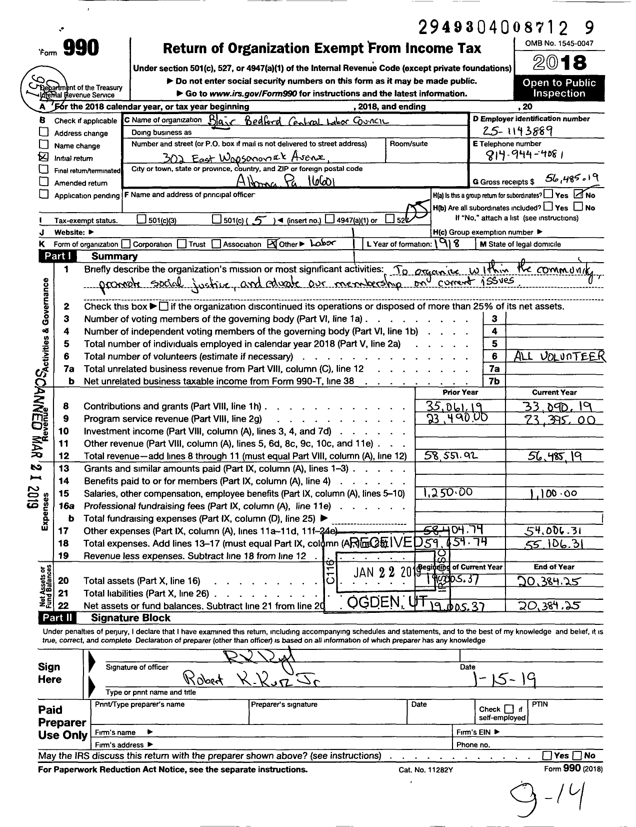 Image of first page of 2018 Form 990O for AFL-CIO - Blair-Bedford Central Labor Council