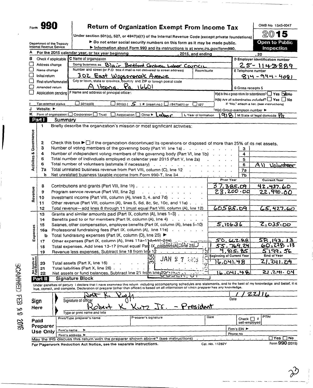 Image of first page of 2015 Form 990O for AFL-CIO - Blair-Bedford Central Labor Council