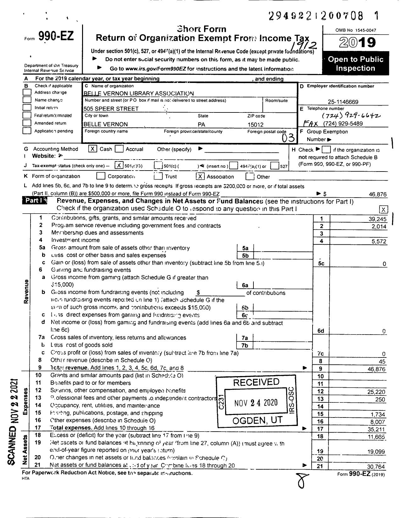 Image of first page of 2019 Form 990EZ for Belle Vernon Library Association