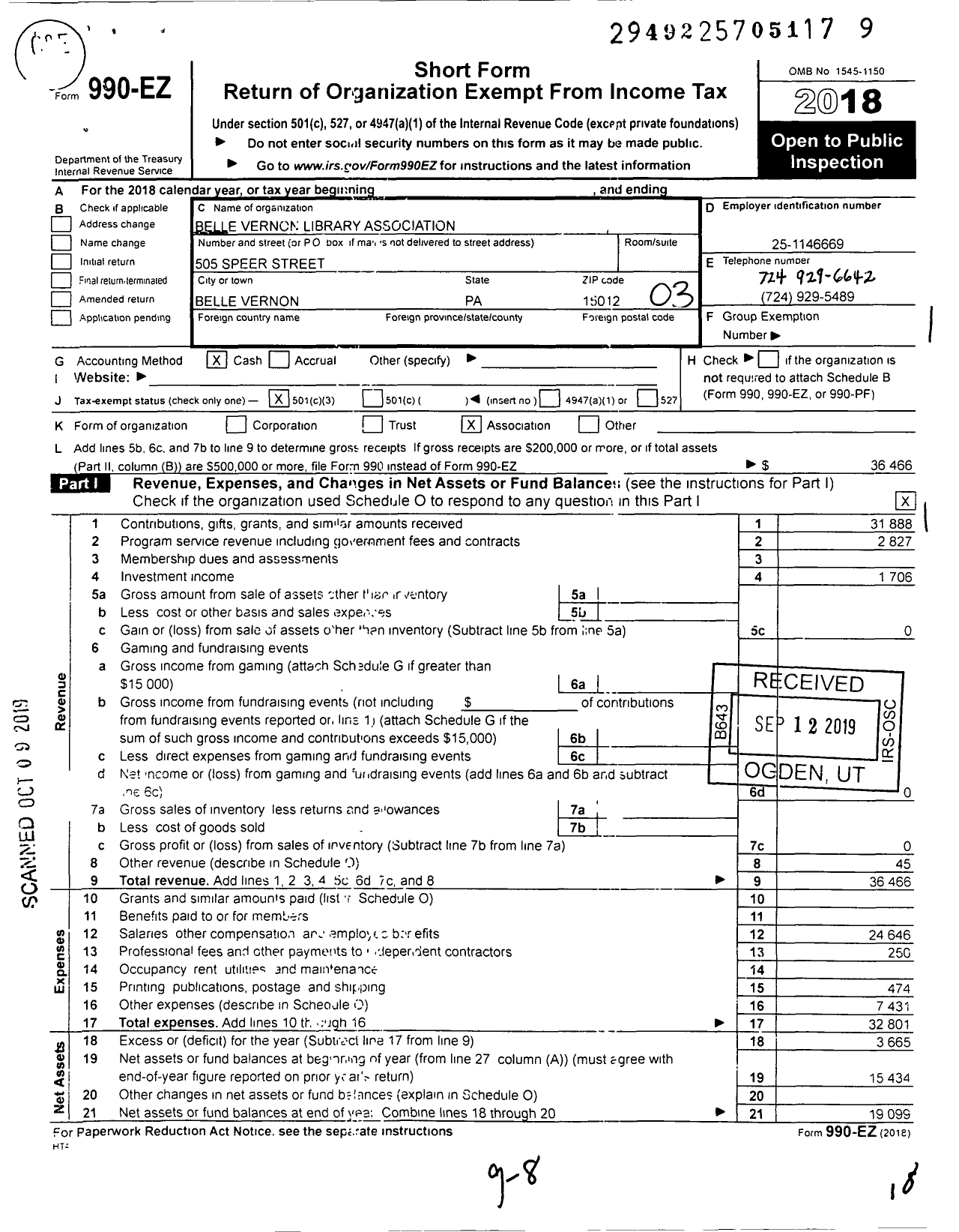 Image of first page of 2018 Form 990EZ for Belle Vernon Library Association