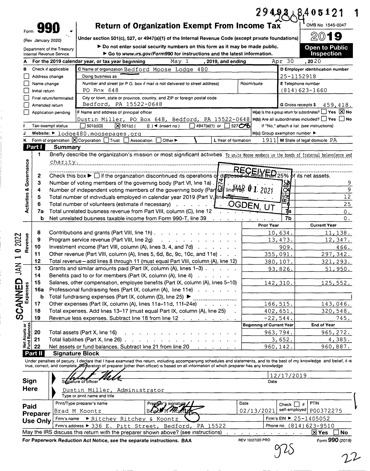 Image of first page of 2019 Form 990O for Loyal Order of Moose - 480