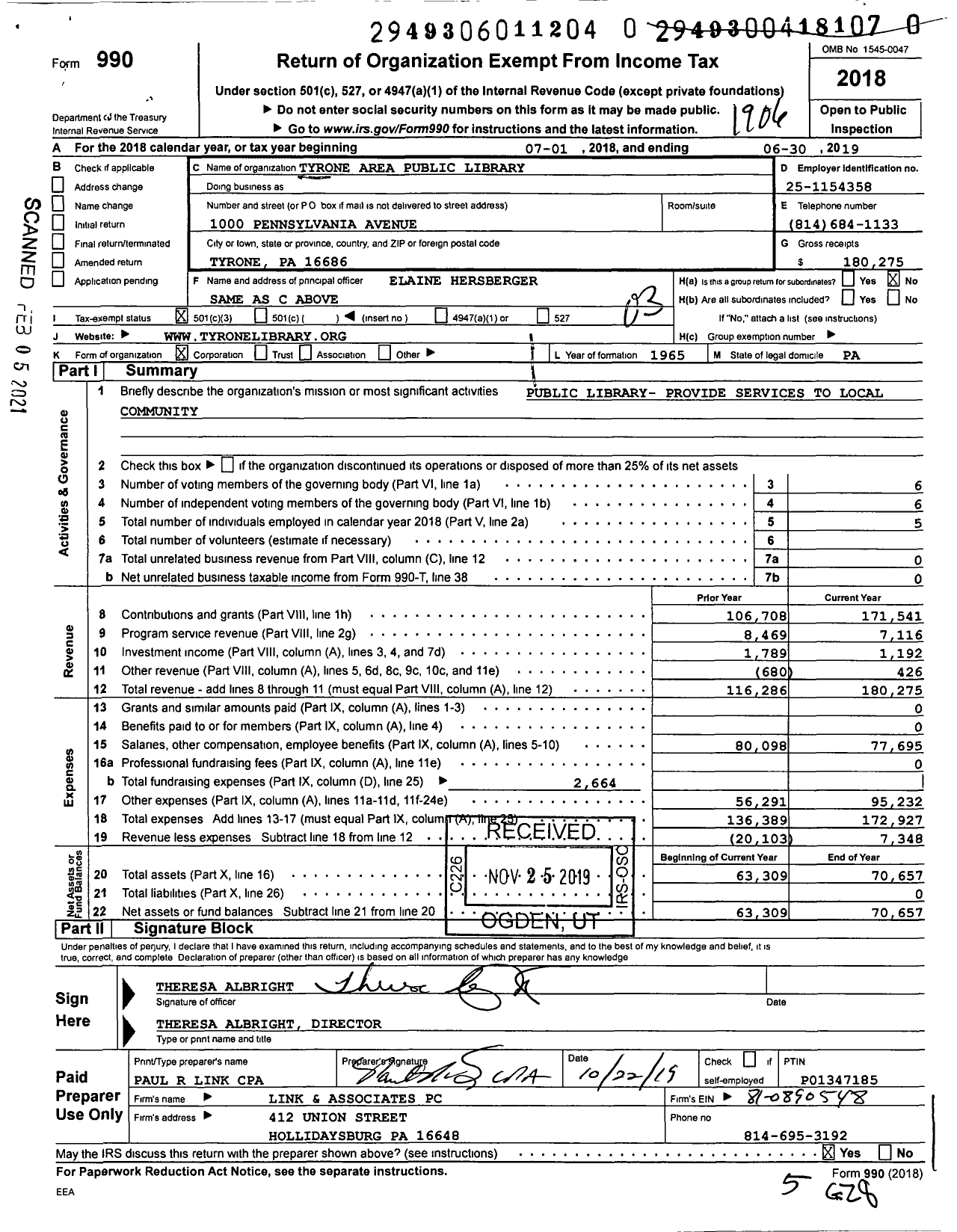 Image of first page of 2018 Form 990 for Tyrone Area Public Library