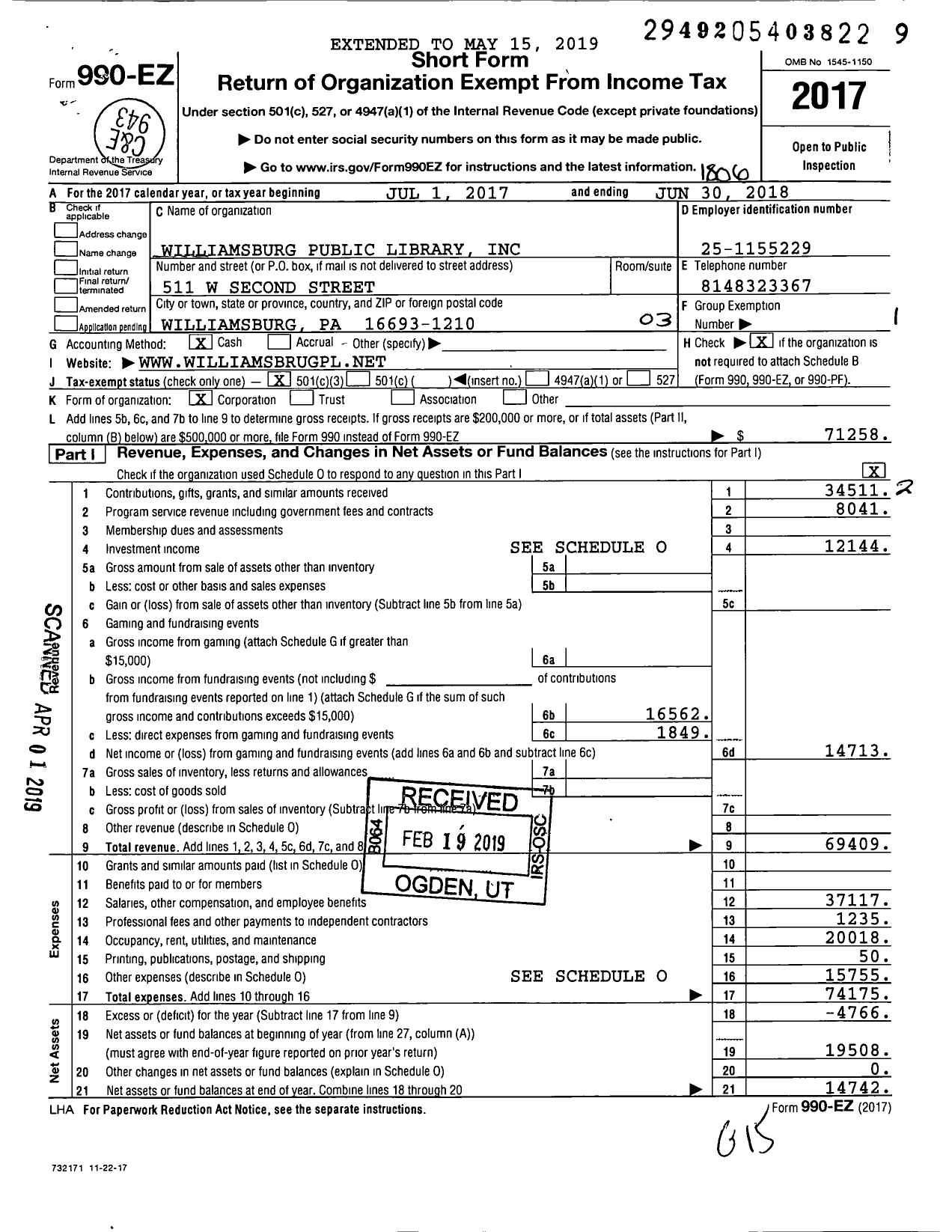 Image of first page of 2017 Form 990EZ for Williamsburg Public Library