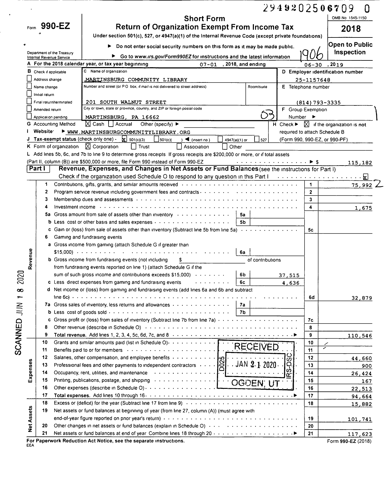 Image of first page of 2018 Form 990EZ for Martinsburg Community Library