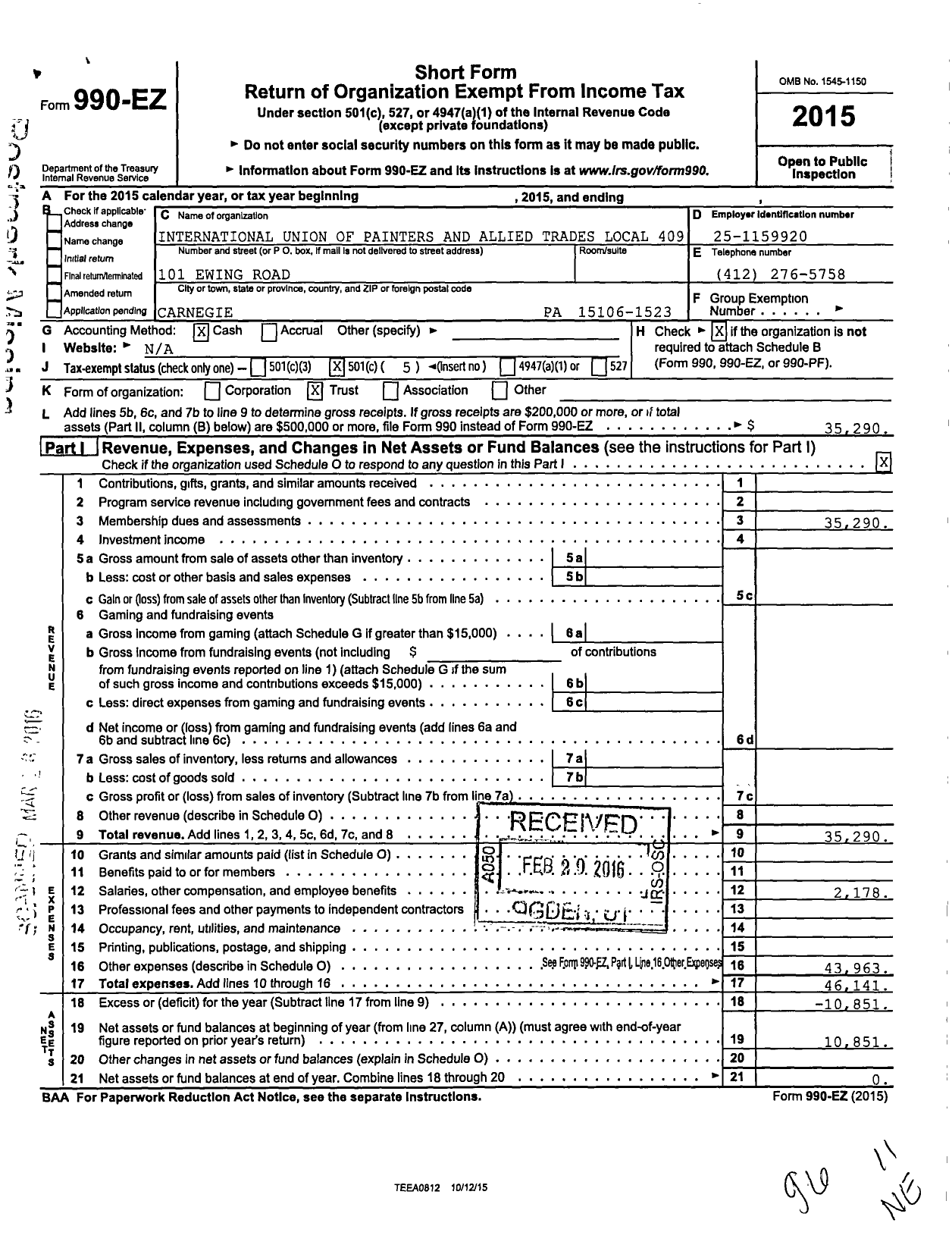Image of first page of 2015 Form 990EO for International Union of Painters and Allied Trades - 409 Painters Local Union