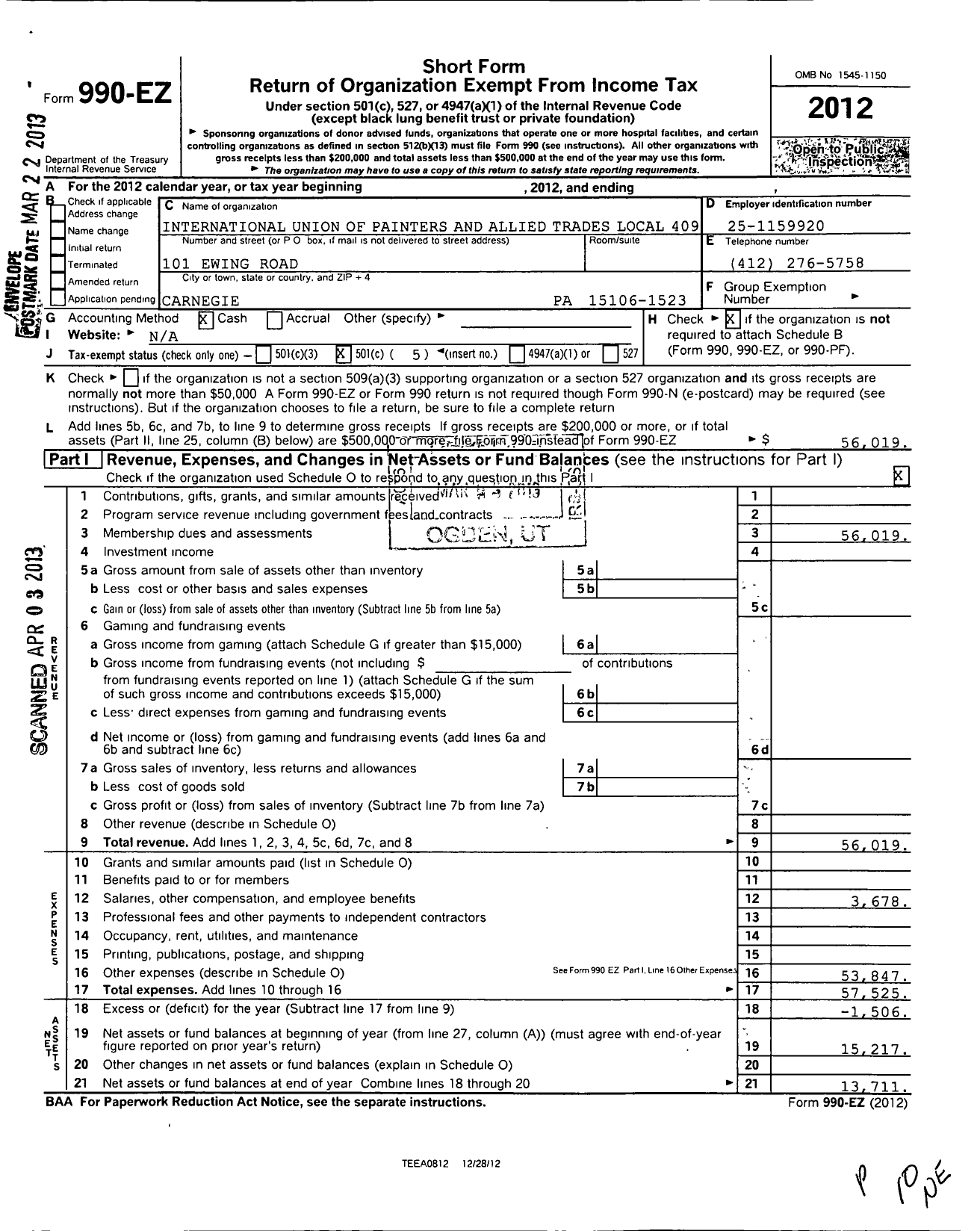 Image of first page of 2012 Form 990EO for International Union of Painters and Allied Trades - 409 Painters Local Union