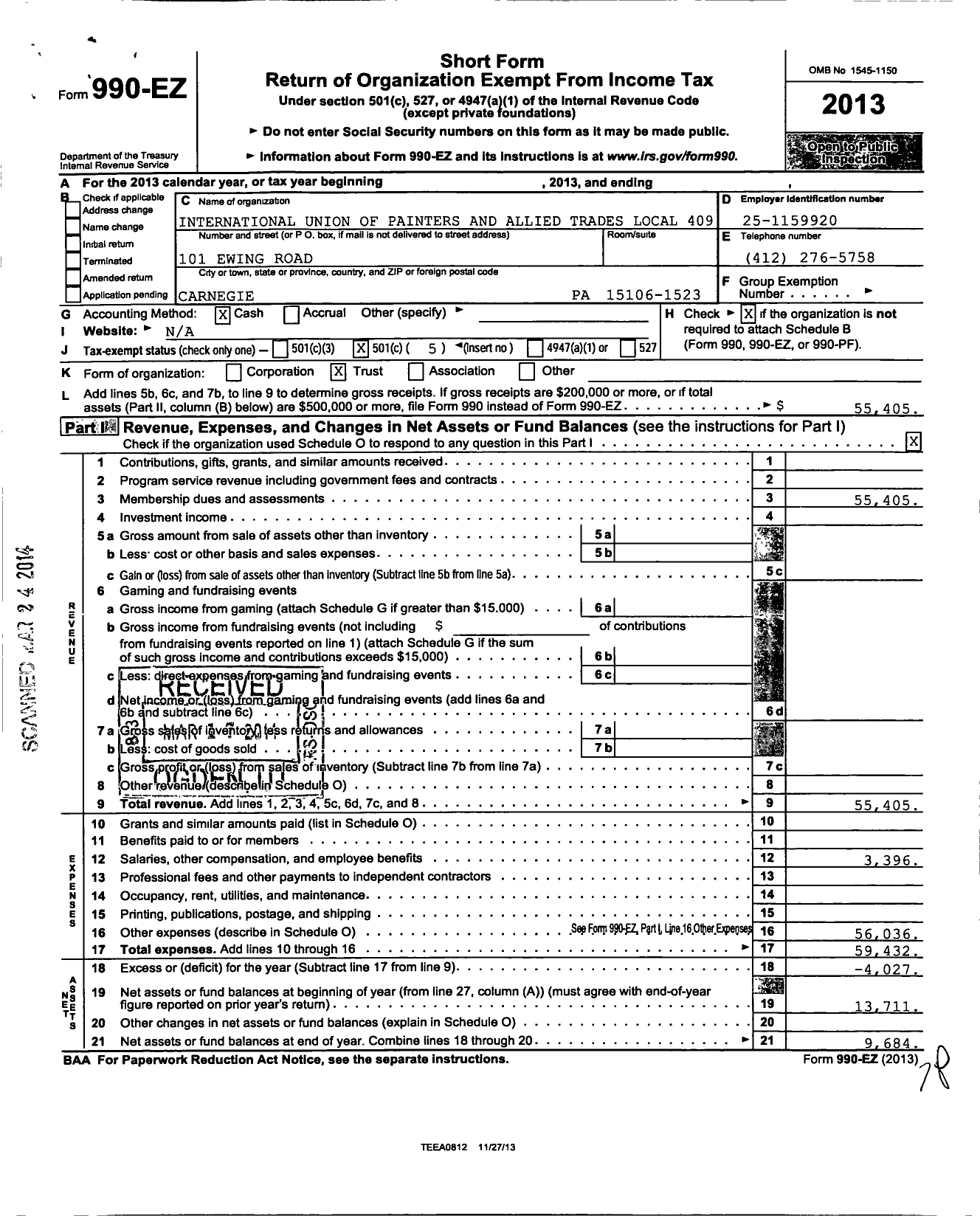 Image of first page of 2013 Form 990EO for International Union of Painters and Allied Trades - 409 Painters Local Union