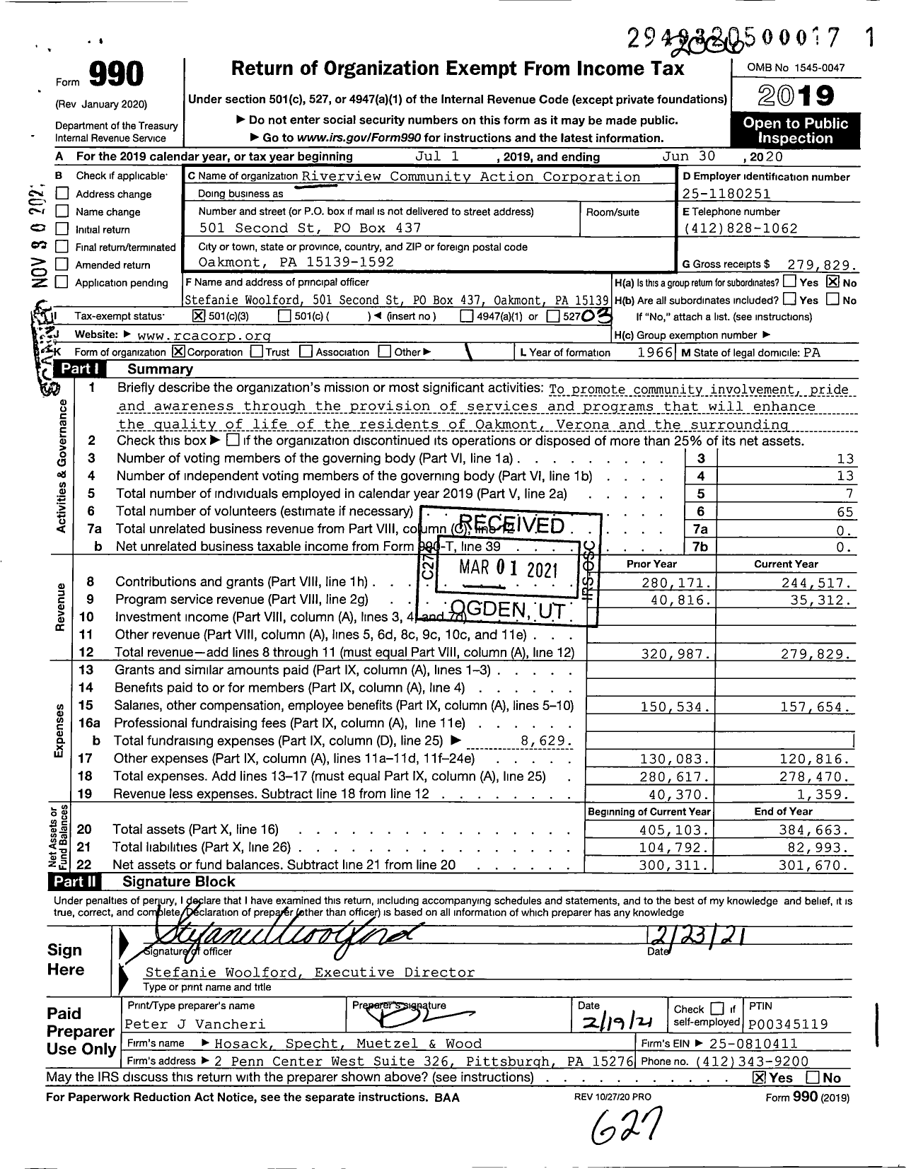 Image of first page of 2019 Form 990 for Riverview Community Action Corporation