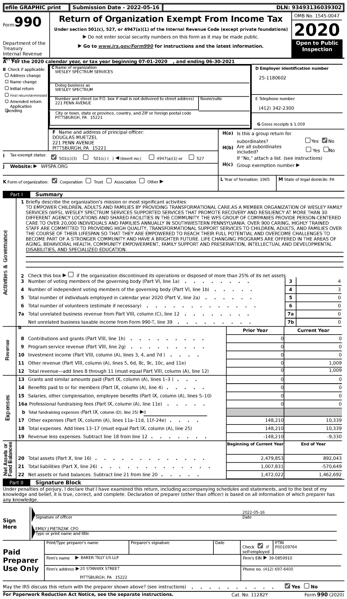 Image of first page of 2020 Form 990 for Wesley Spectrum Services