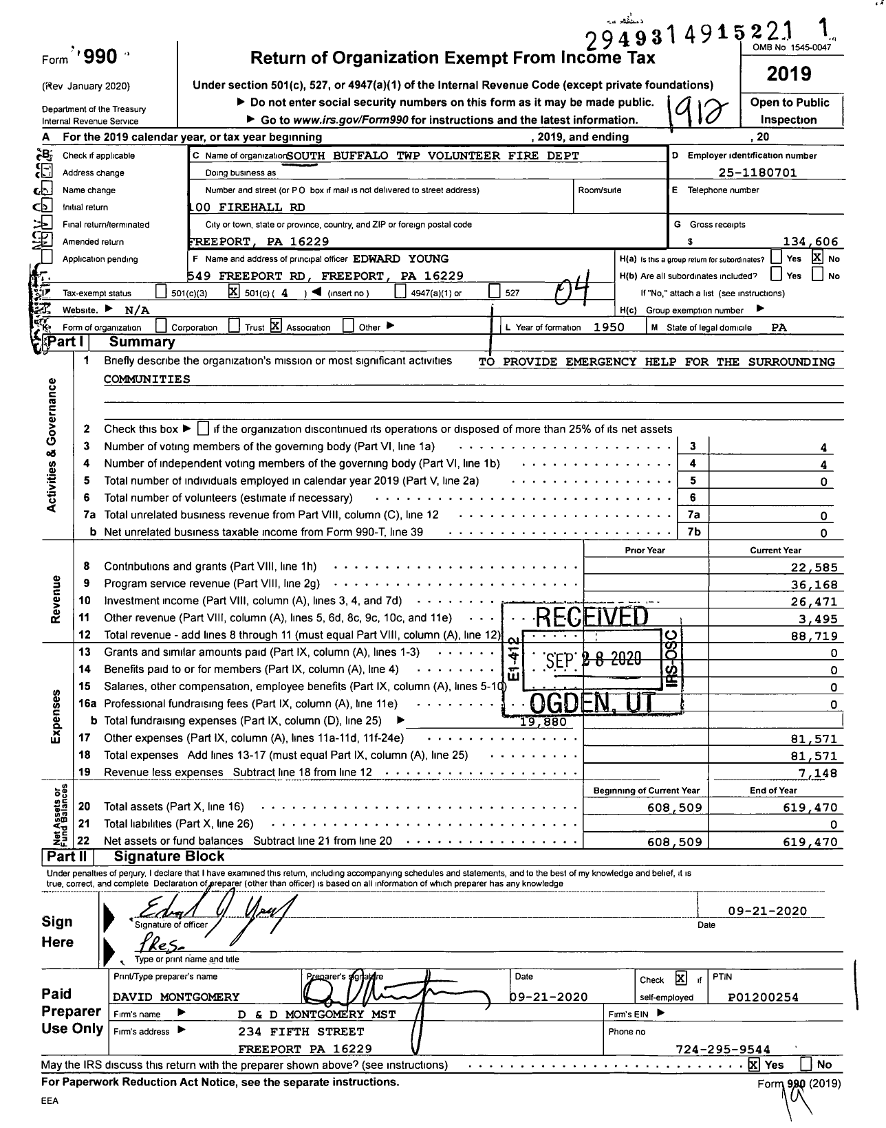 Image of first page of 2019 Form 990O for South Buffalo Township Volunteer Fire Department