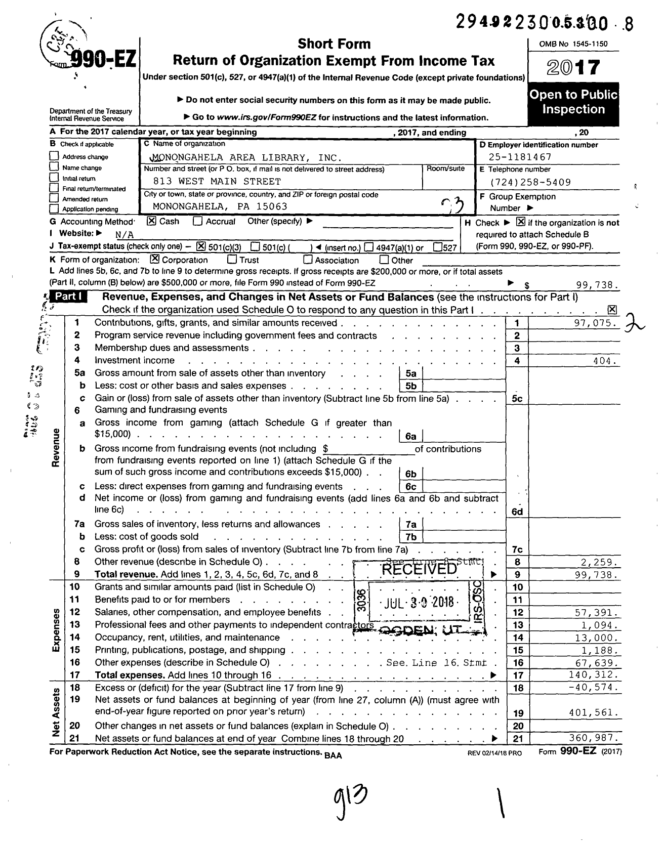 Image of first page of 2017 Form 990EZ for Monongahela Area Library