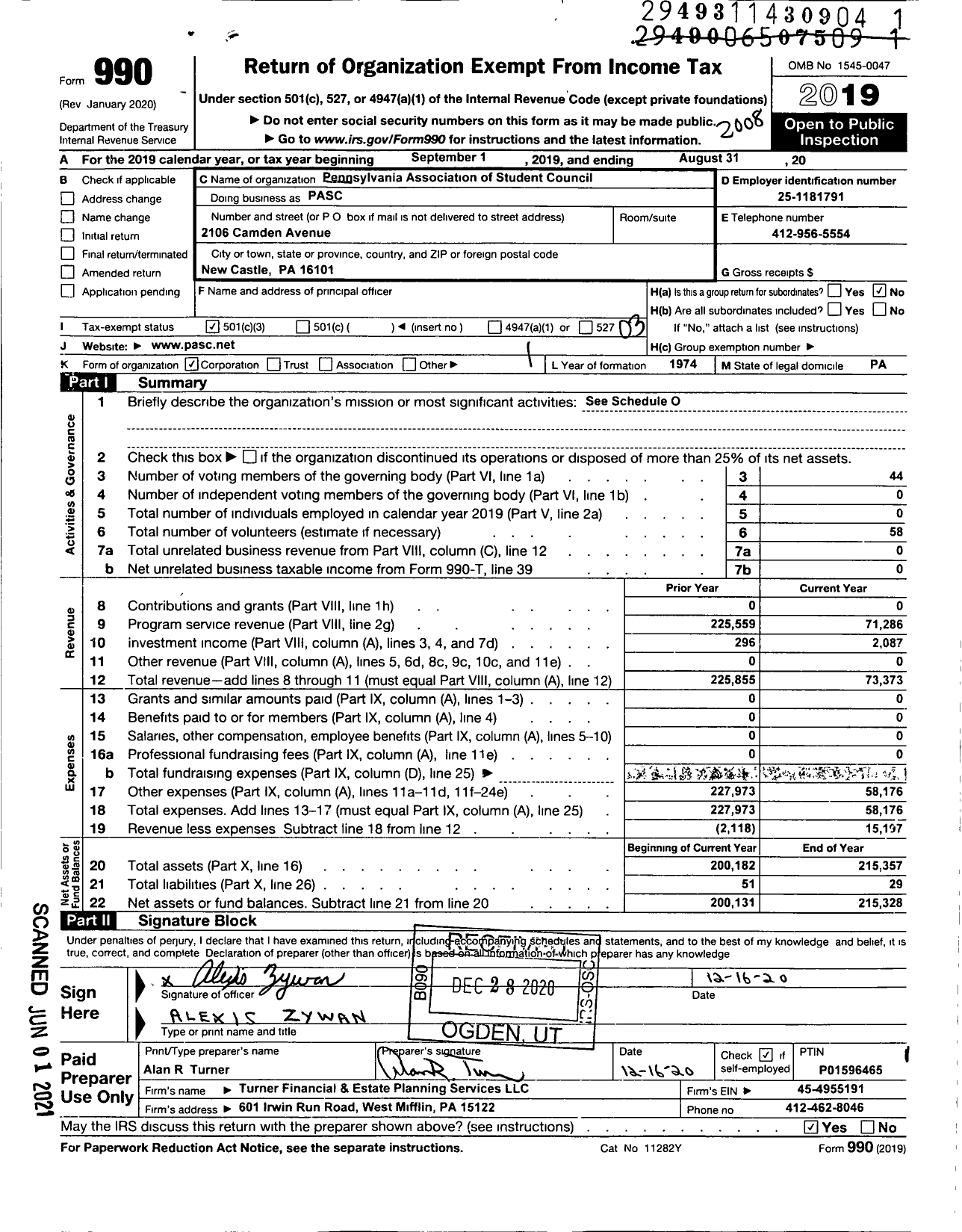 Image of first page of 2019 Form 990 for Pennsylvania Association of Student Councils (PASC)