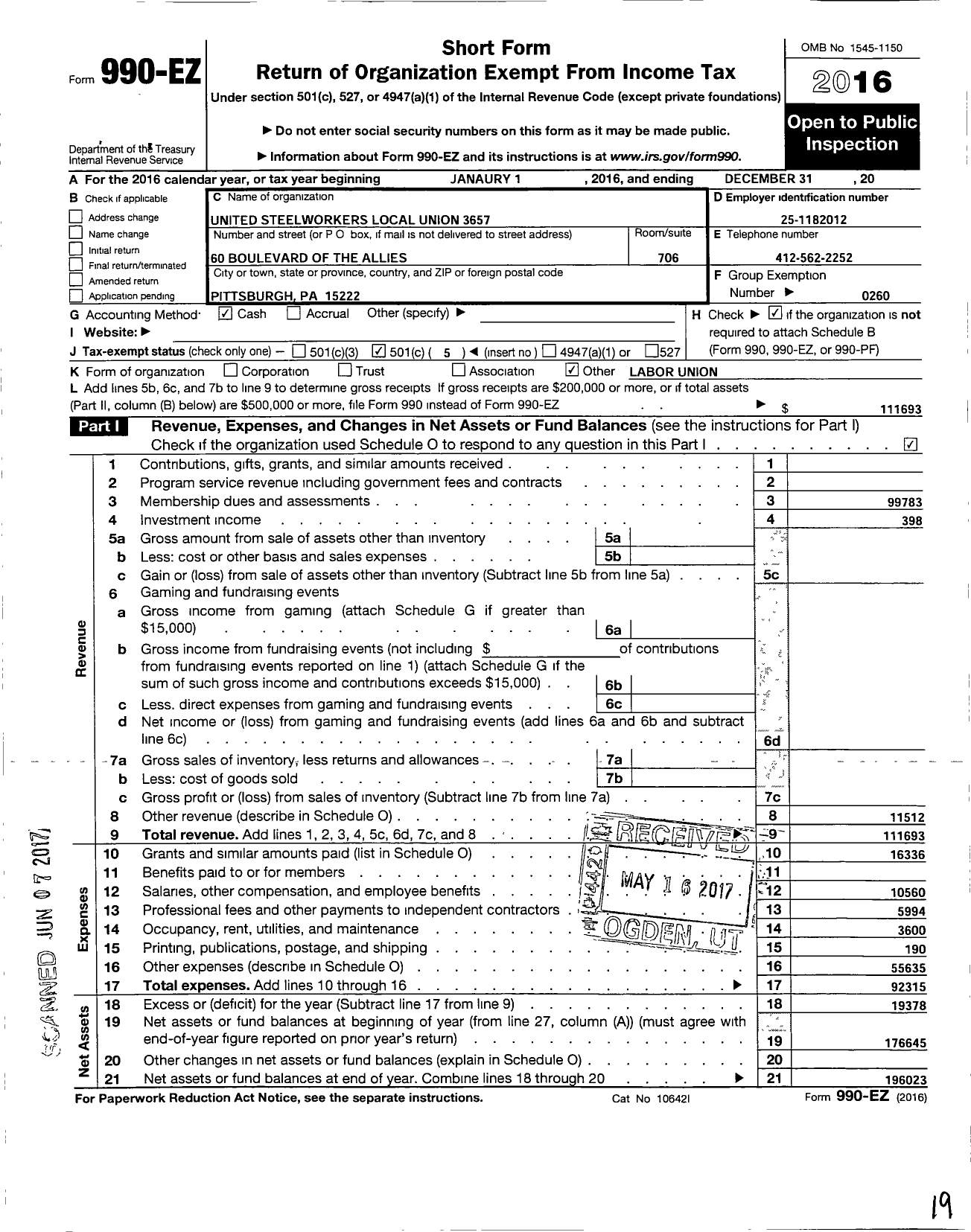 Image of first page of 2016 Form 990EO for United Steelworkers - 03657 Local