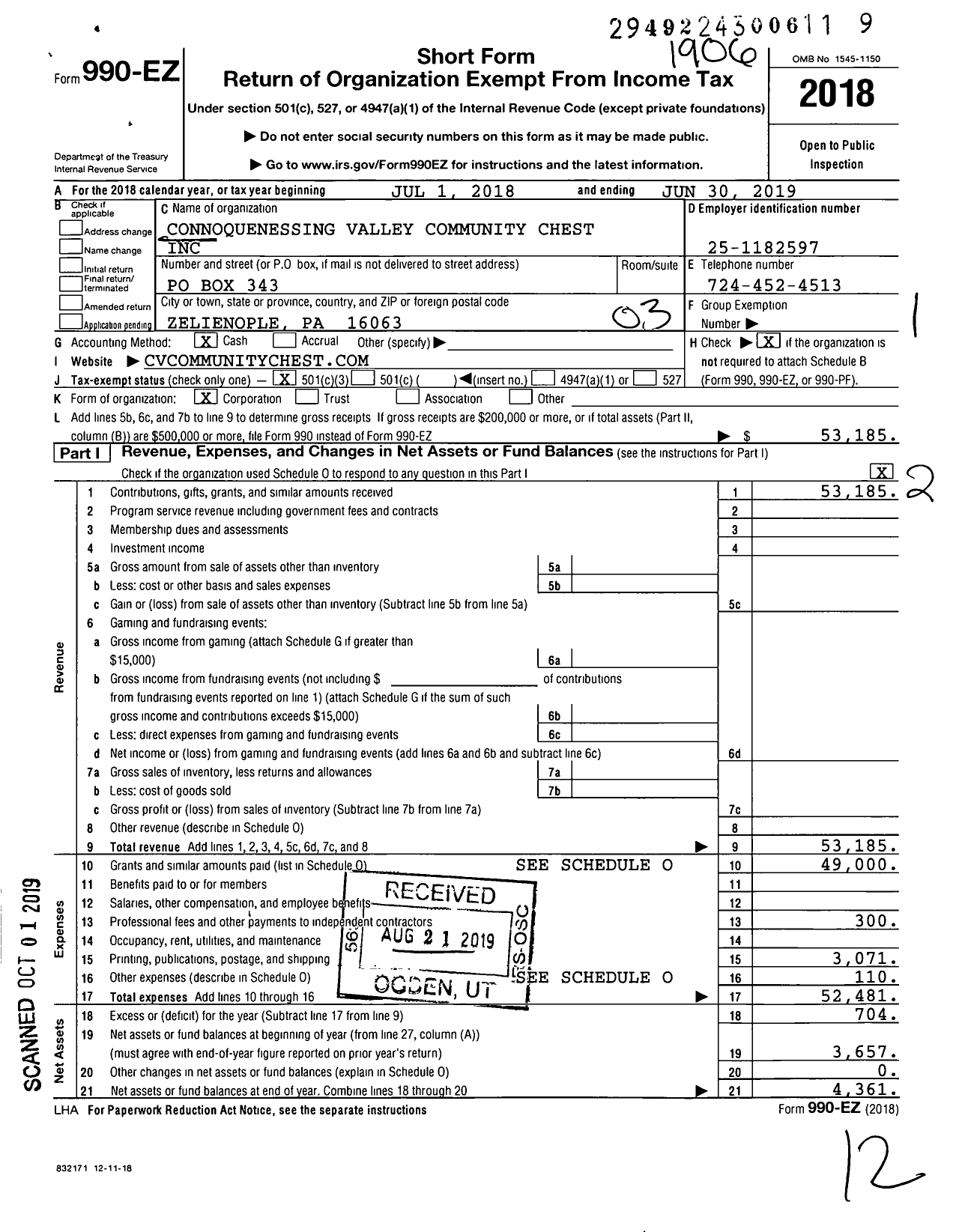 Image of first page of 2018 Form 990EZ for Connoquenessing Valley Community Chest