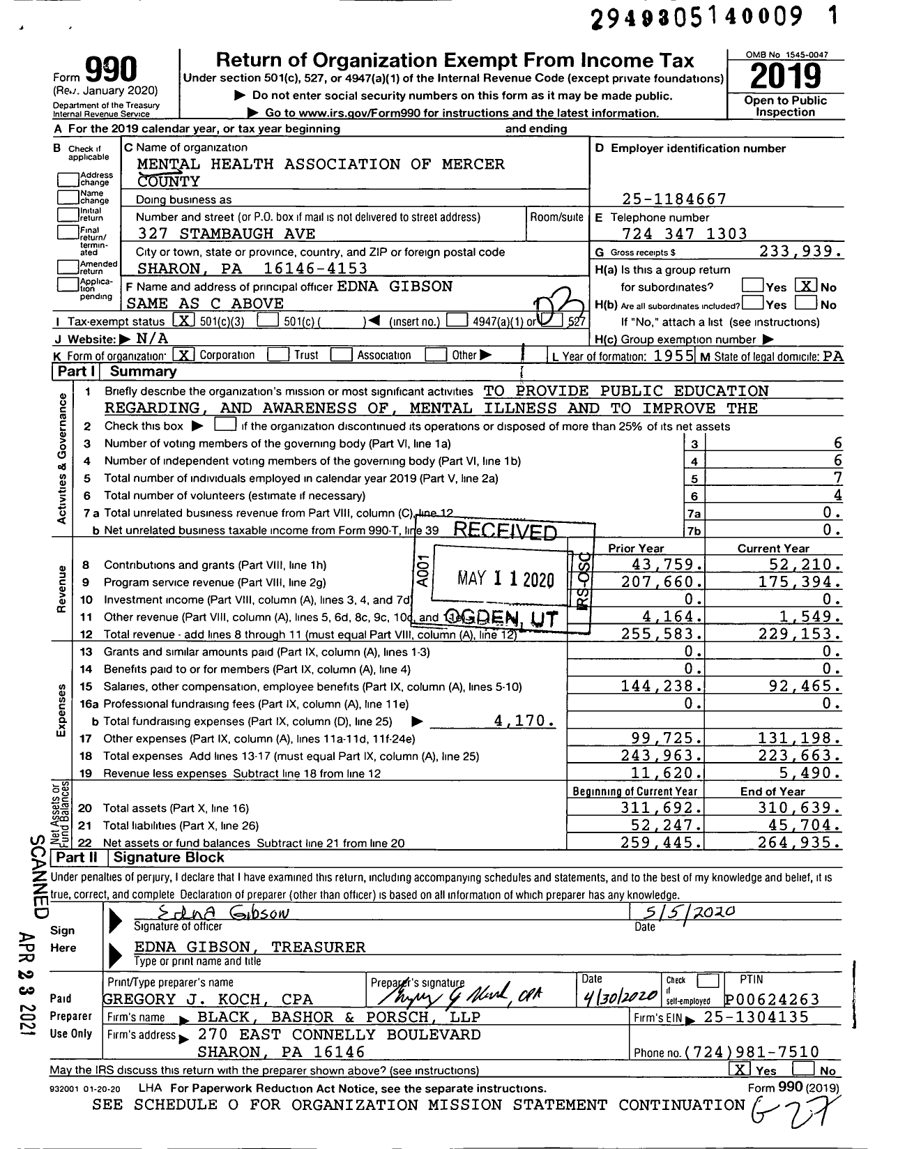 Image of first page of 2019 Form 990 for Mental Health Association of Mercer County