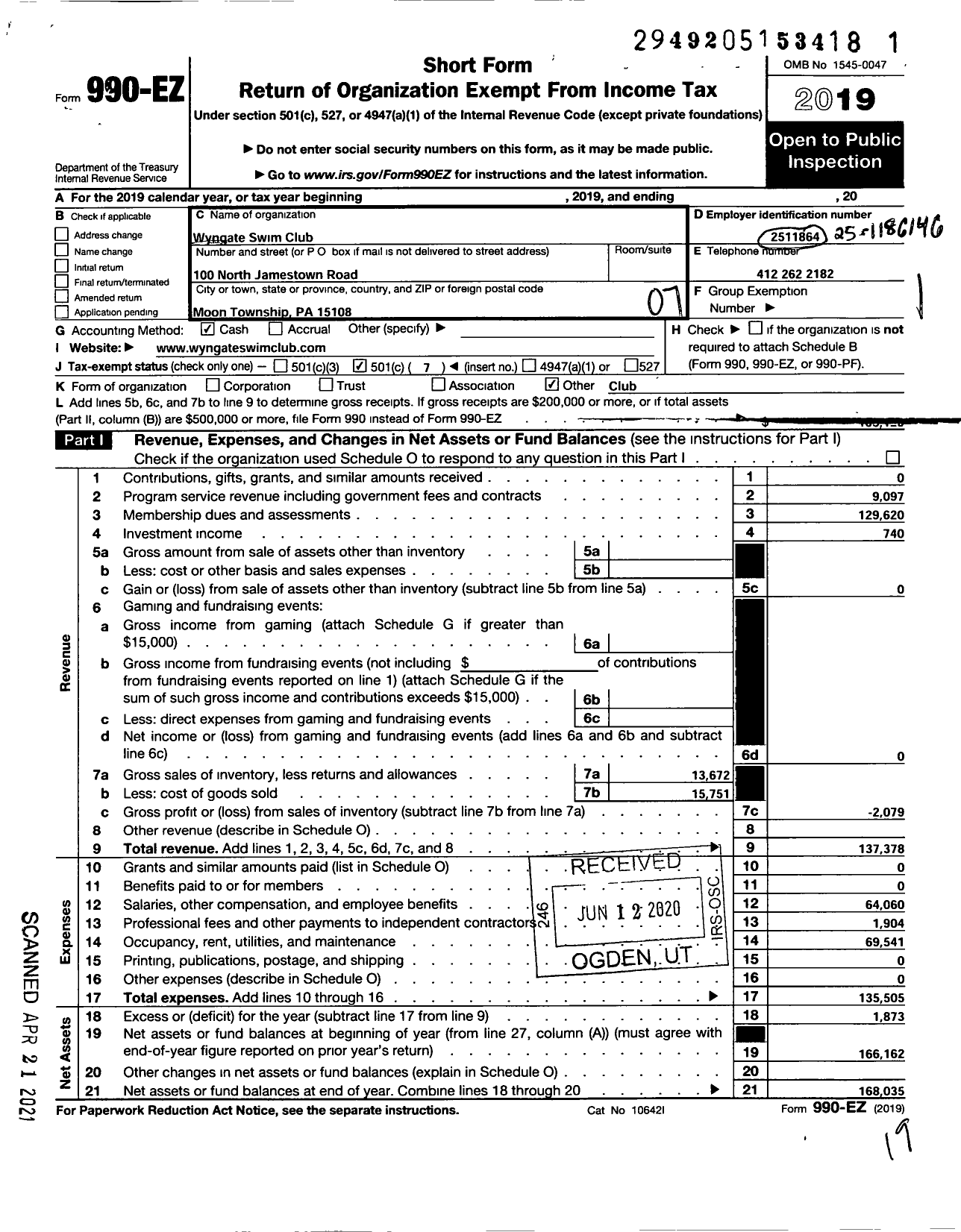 Image of first page of 2019 Form 990EO for Wyngate Swim Club