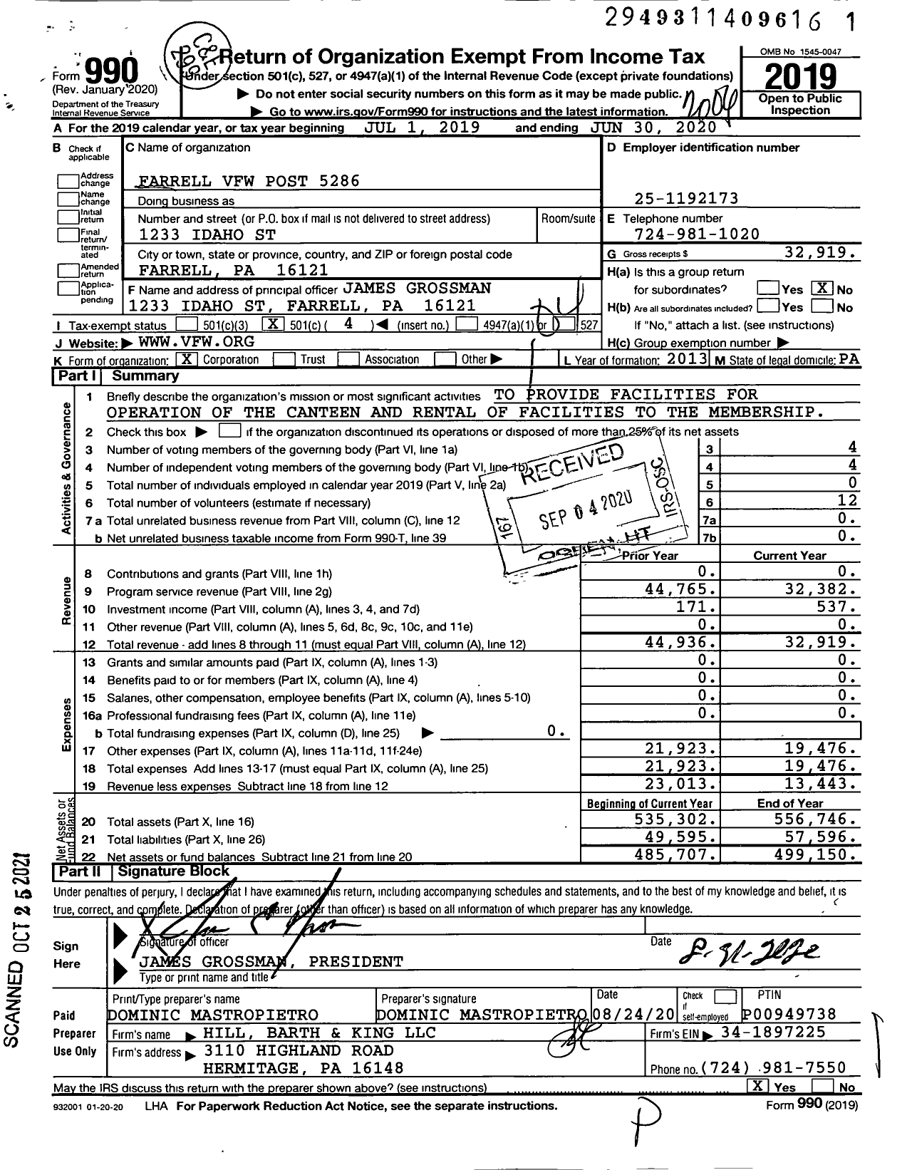 Image of first page of 2019 Form 990O for Farrell VFW Post 5286