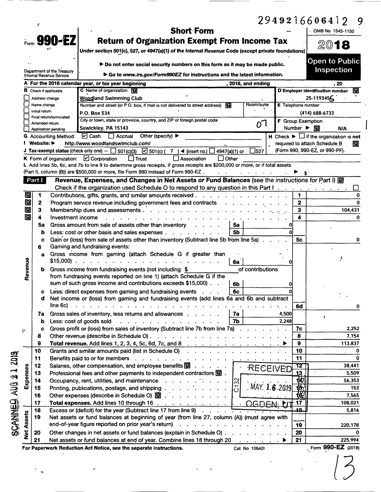 Image of first page of 2018 Form 990EO for Woodland Swimming Club