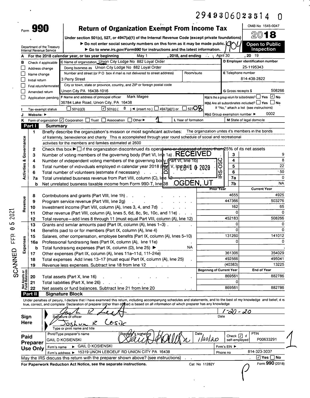 Image of first page of 2018 Form 990O for LOYAL ORDER of Moose - UNION CITY LODGE No 882 LOYAL ORDER