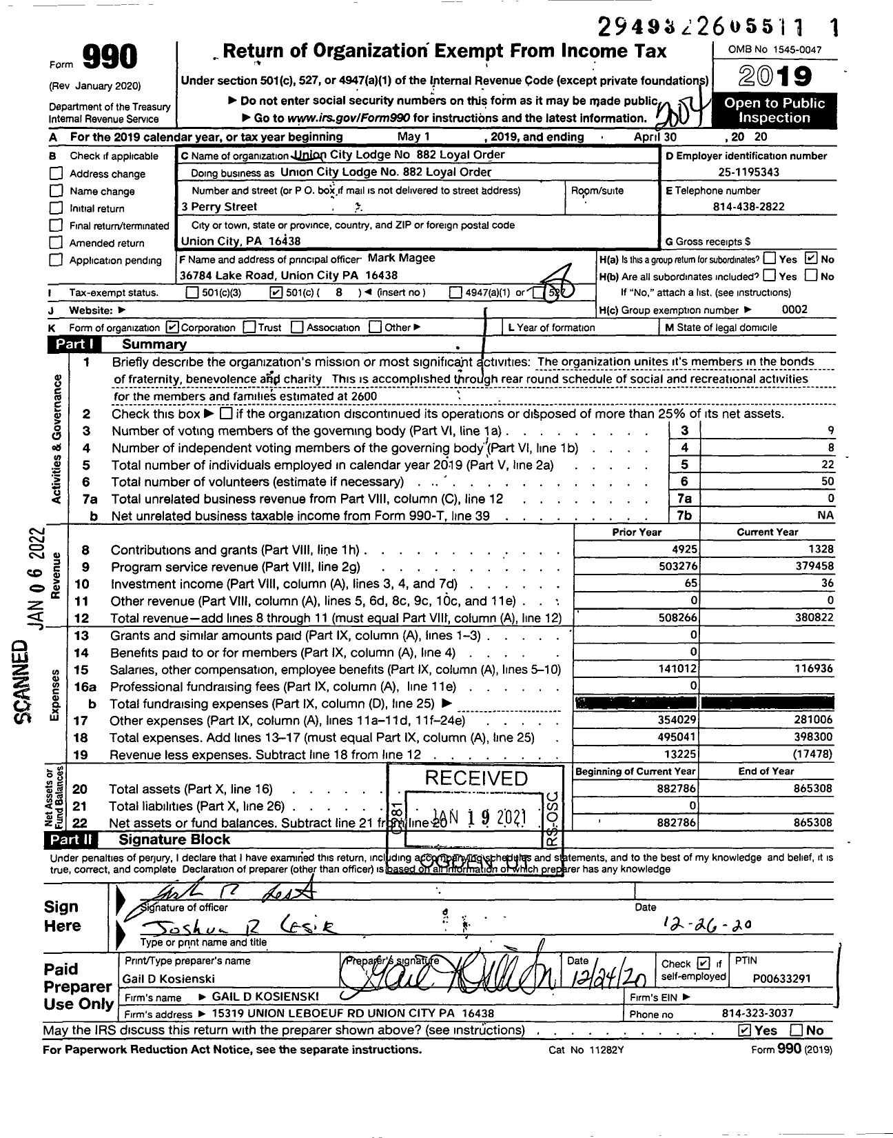 Image of first page of 2019 Form 990O for LOYAL ORDER of Moose - UNION CITY LODGE No 882 LOYAL ORDER