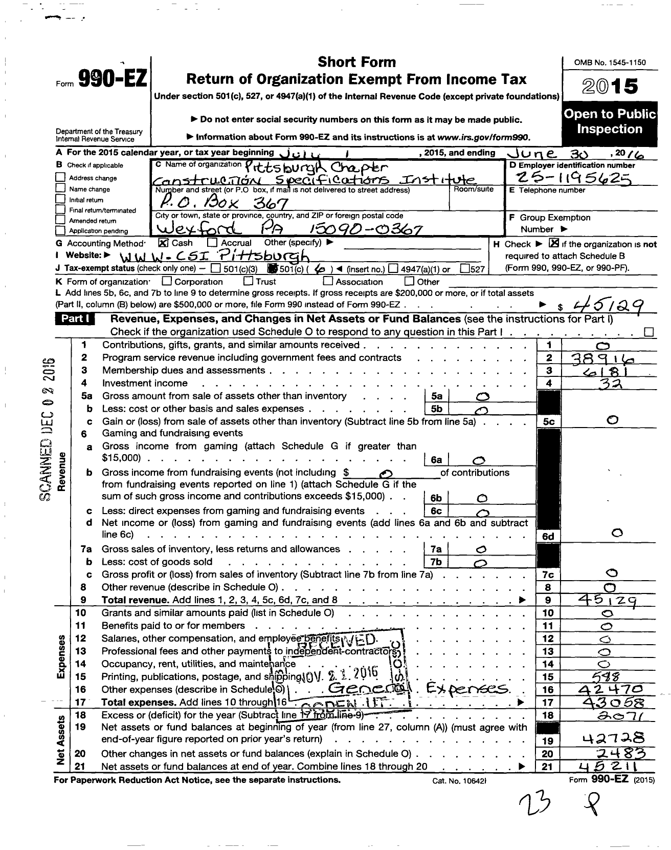 Image of first page of 2015 Form 990EO for Pittsburgh Chapter of the Construction Specifications Institute