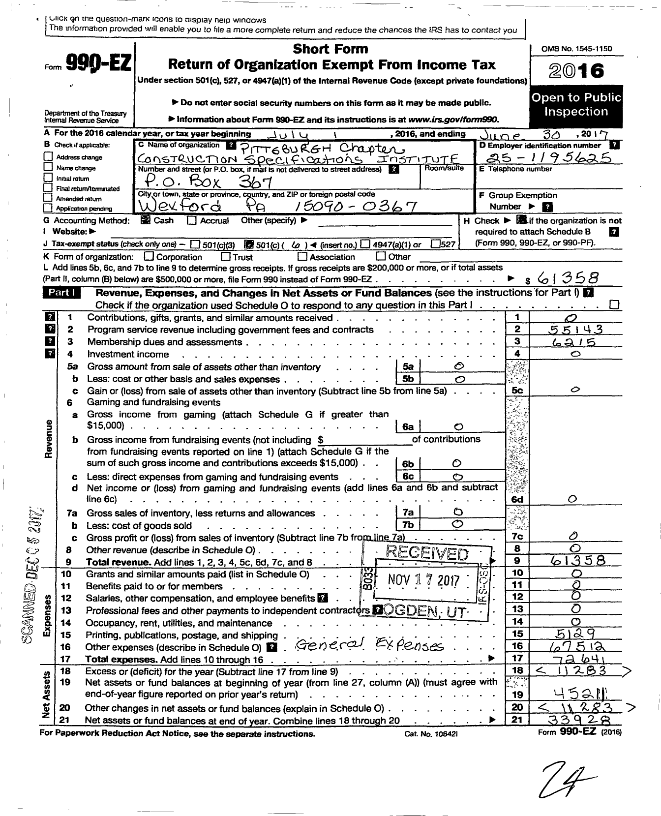 Image of first page of 2016 Form 990EO for Pittsburgh Chapter of the Construction Specifications Institute