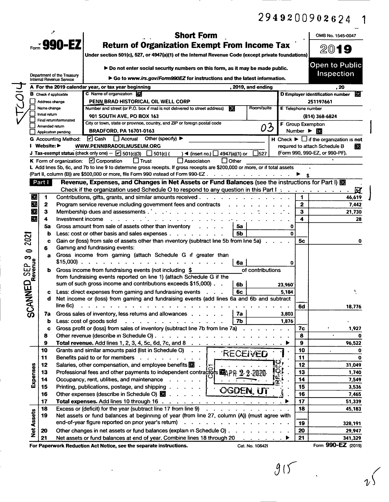 Image of first page of 2019 Form 990EZ for Penn Brad Historical Oil Well Corporation