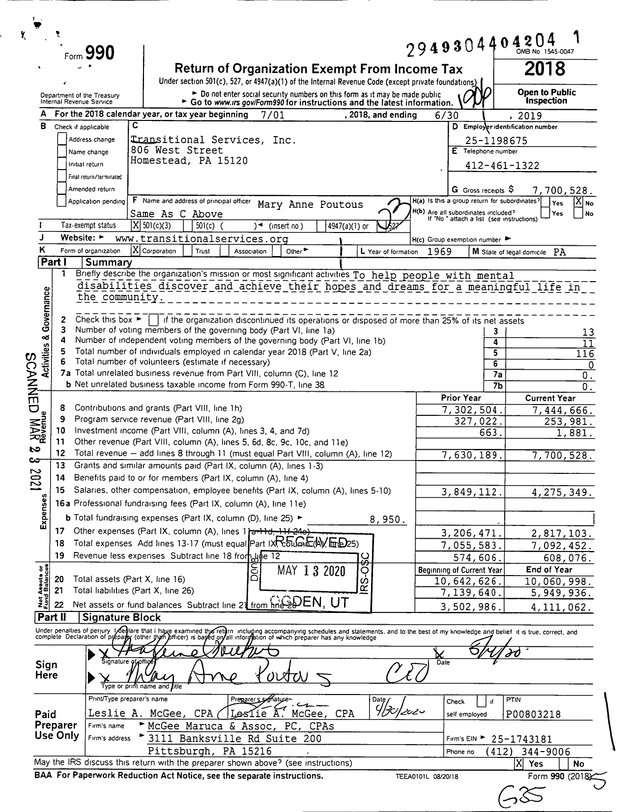 Image of first page of 2018 Form 990 for Transitional Services Incorporated (TSI)