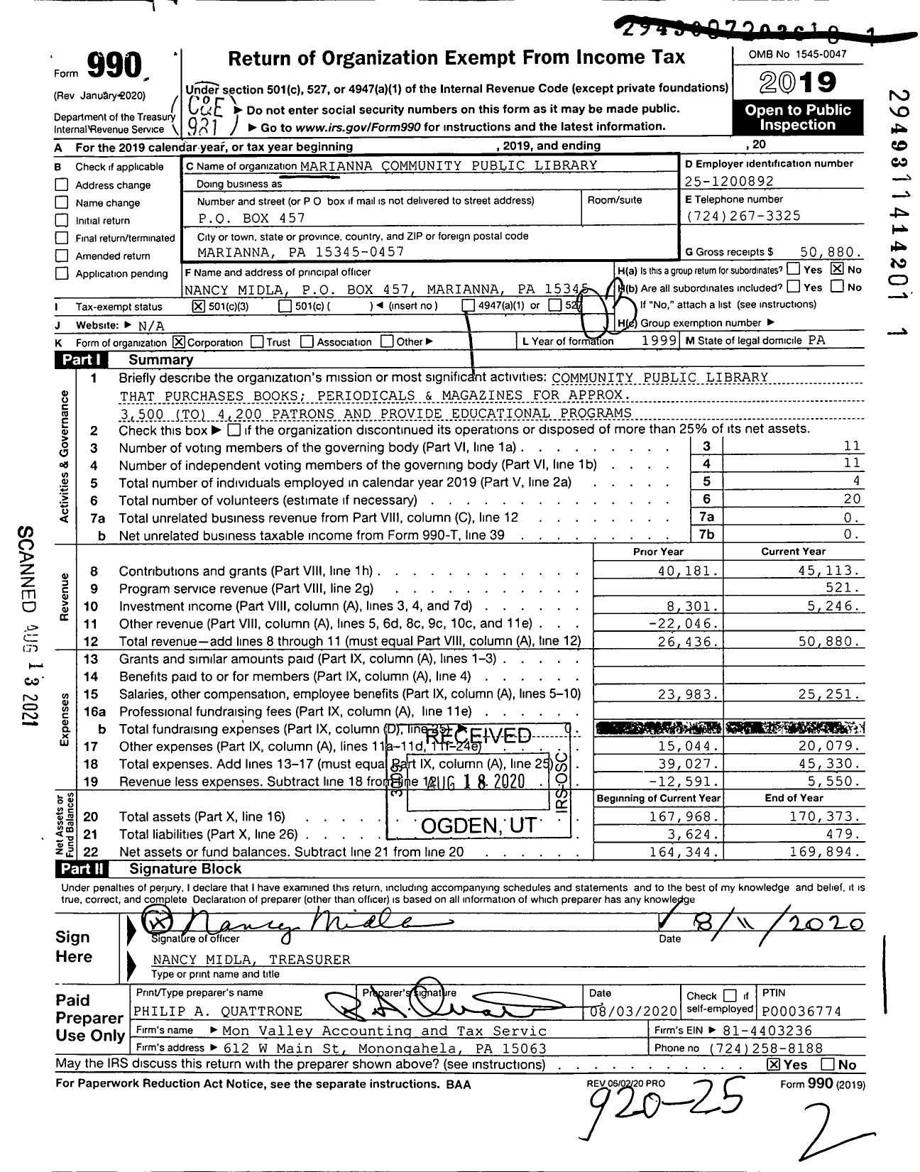 Image of first page of 2019 Form 990 for Marianna Community Public Library