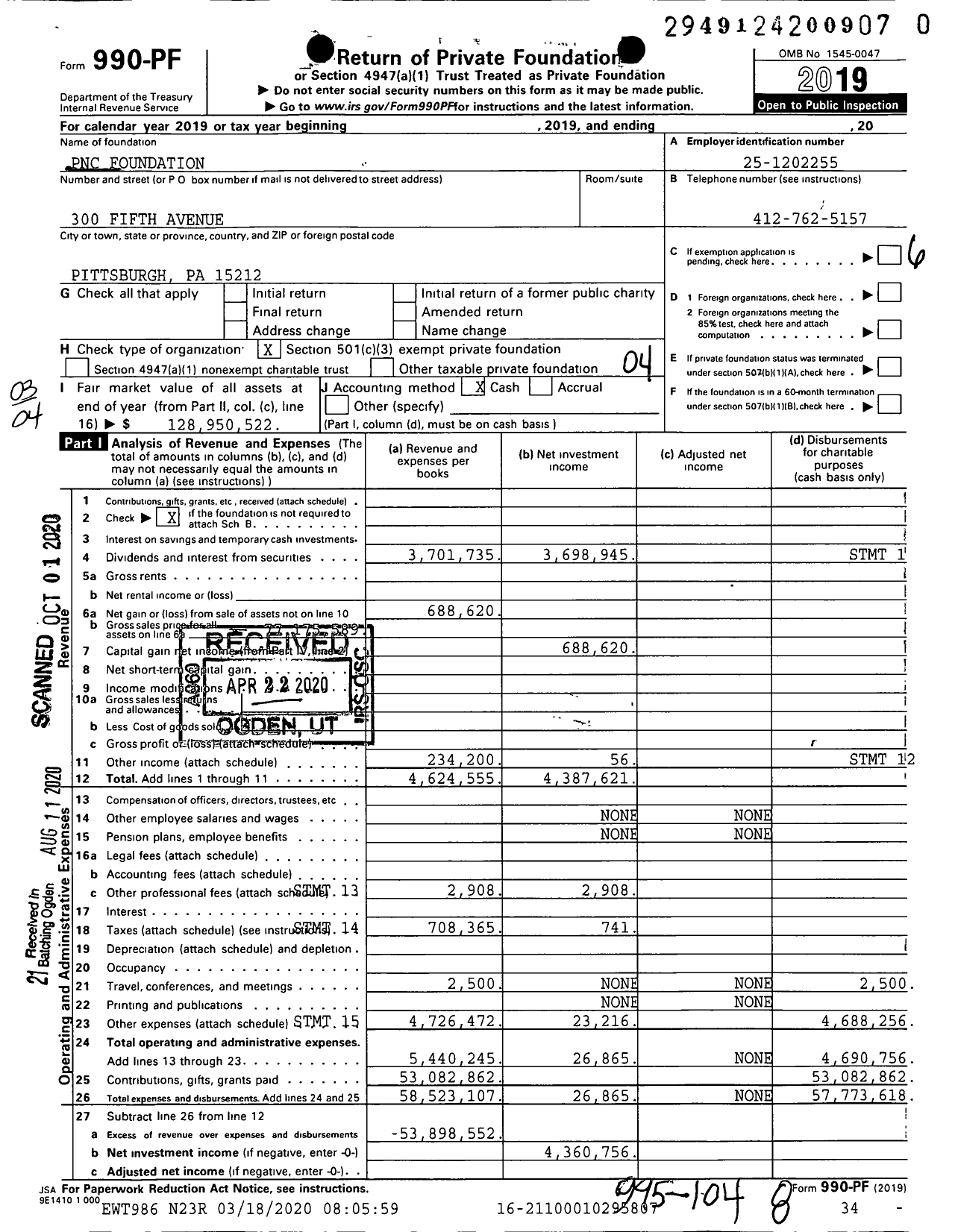 Image of first page of 2019 Form 990PR for PNC Foundation