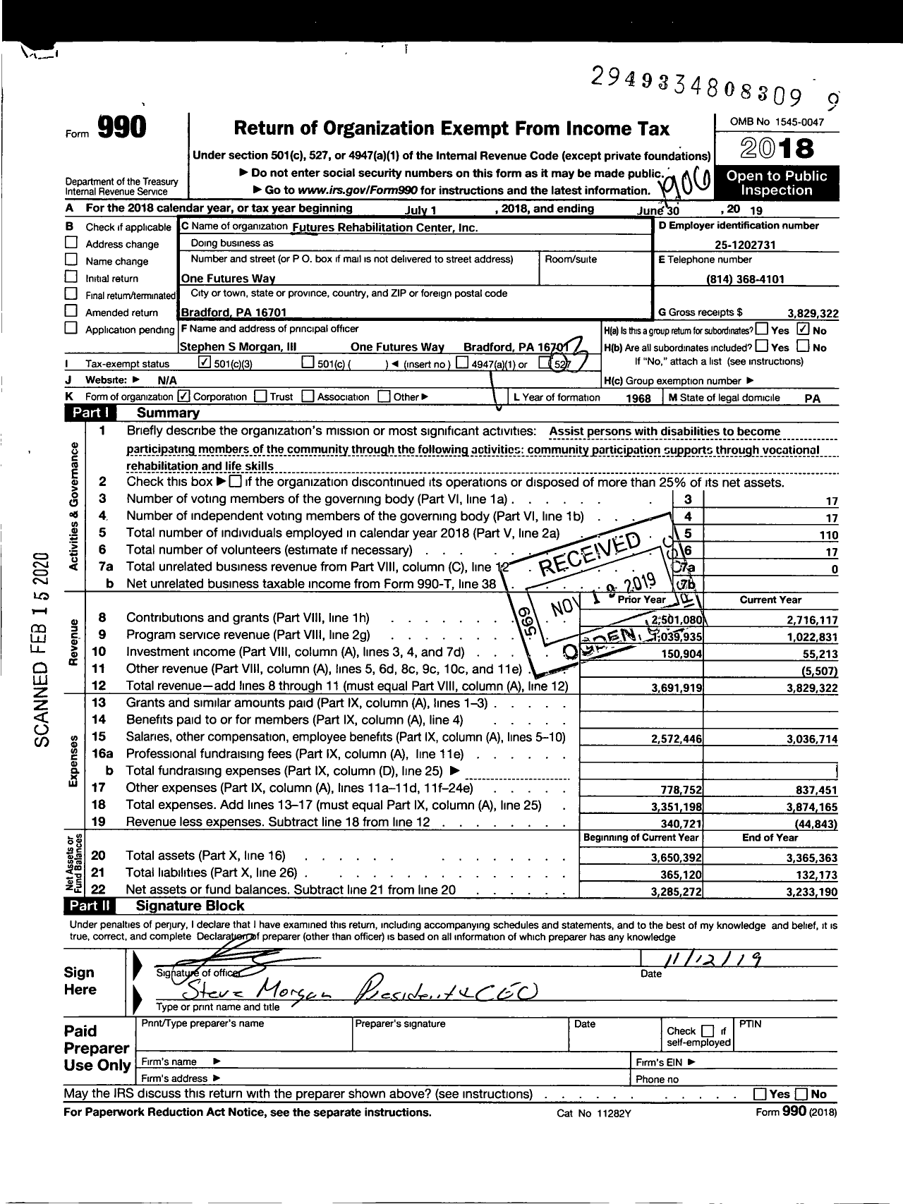 Image of first page of 2018 Form 990 for Futures Rehabilitation Center