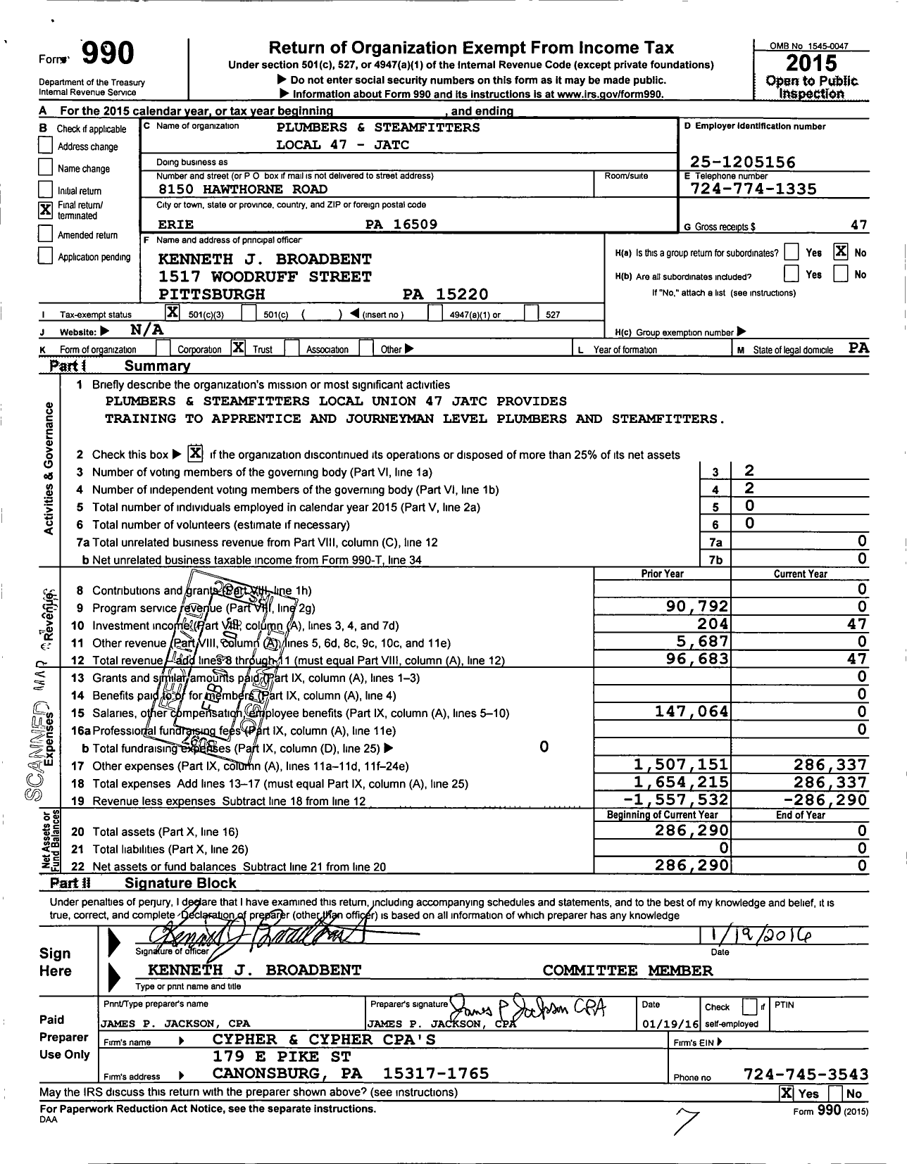Image of first page of 2015 Form 990 for Plumbers and Steamfitters Local 47 - Jatc