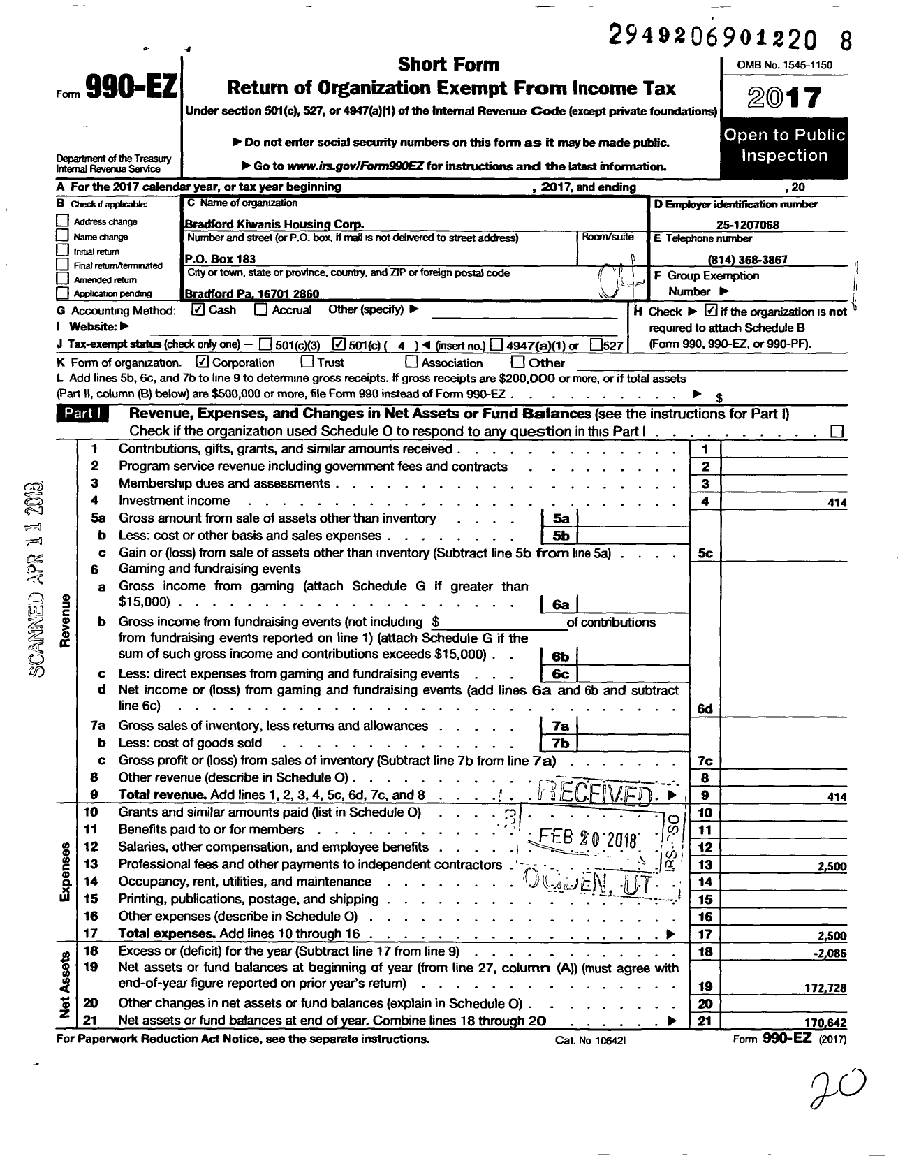 Image of first page of 2017 Form 990EO for Bradford Kiwanis Housing Corporation