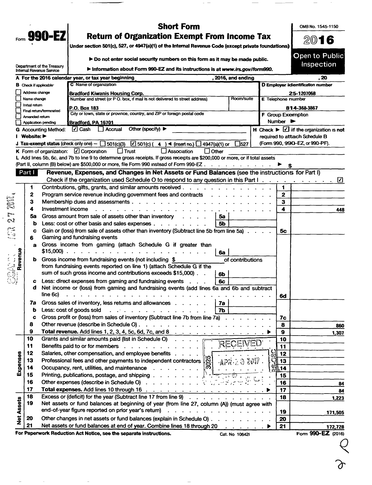 Image of first page of 2016 Form 990EO for Bradford Kiwanis Housing Corporation